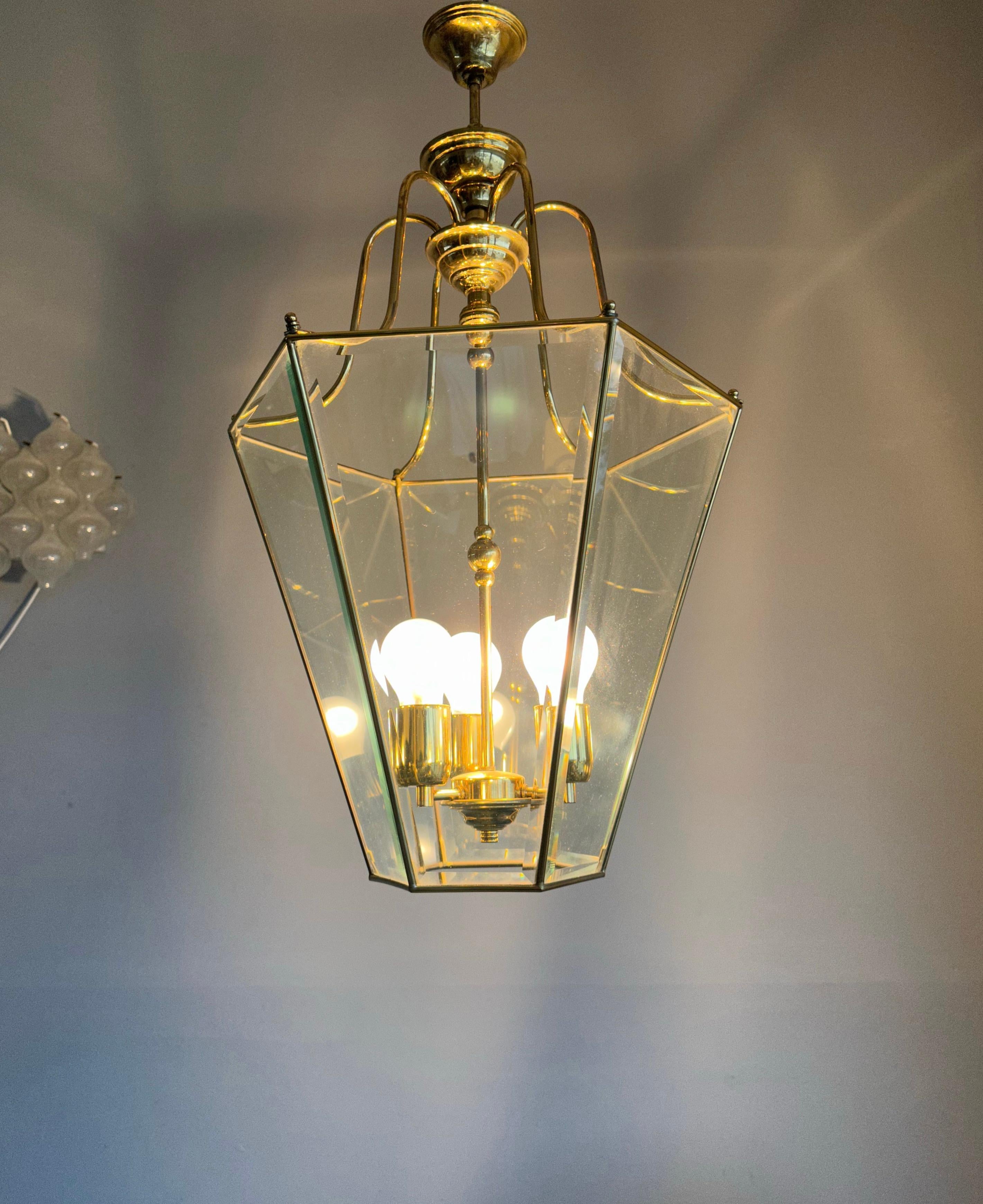 Extra Large Highly Stylish Brass and Beveled Glass Pendant Light Ceiling Lantern For Sale 10