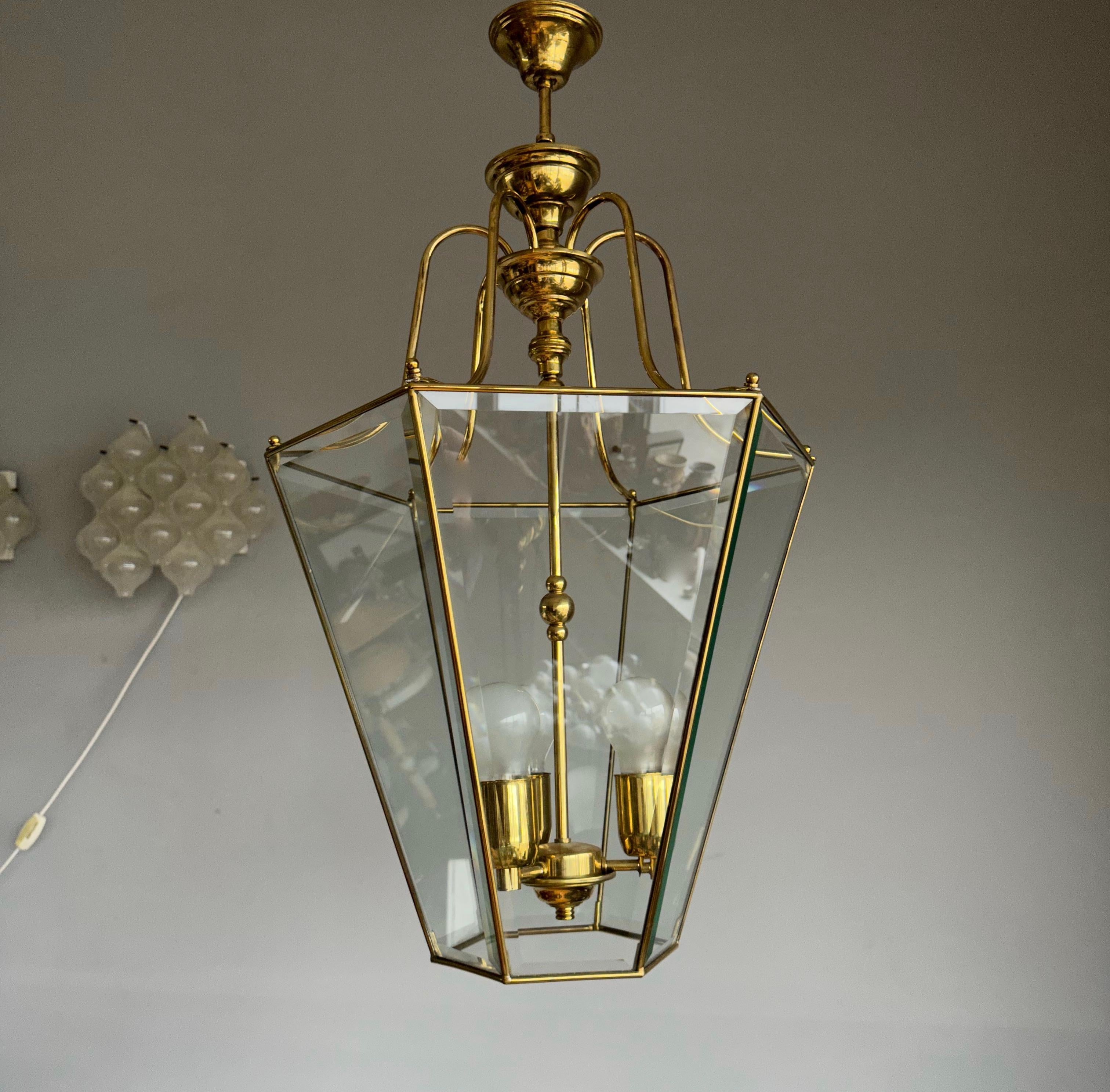 Extra Large Highly Stylish Brass and Beveled Glass Pendant Light Ceiling Lantern For Sale 11