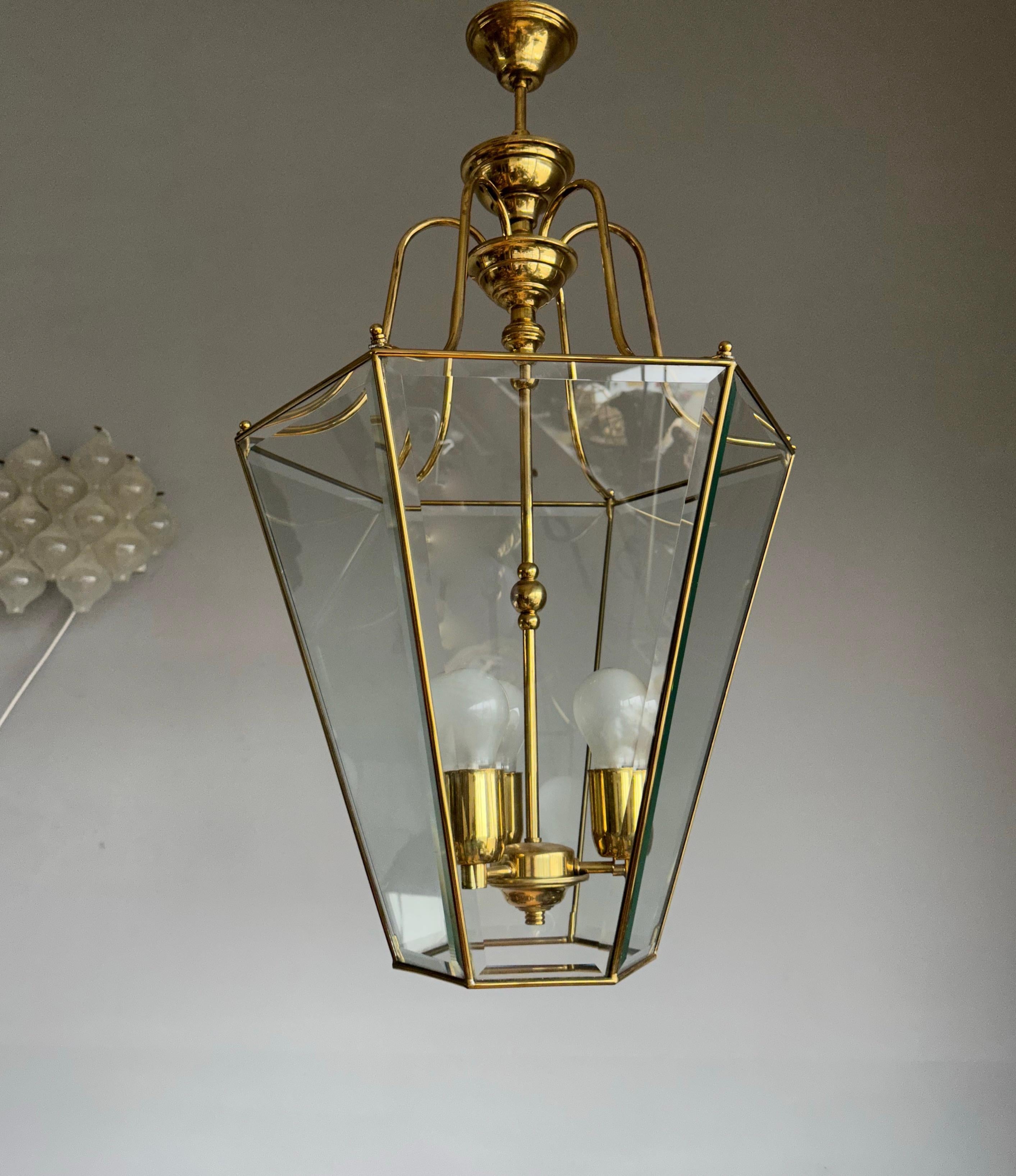 Marvelous design and beautifully executed, large 3 light pendant / lantern.

If you are looking for a stylish and quality crafted light to grace your entry hall, landing or bedroom then this Arts & Crafts style fixture could be perfect for you. With