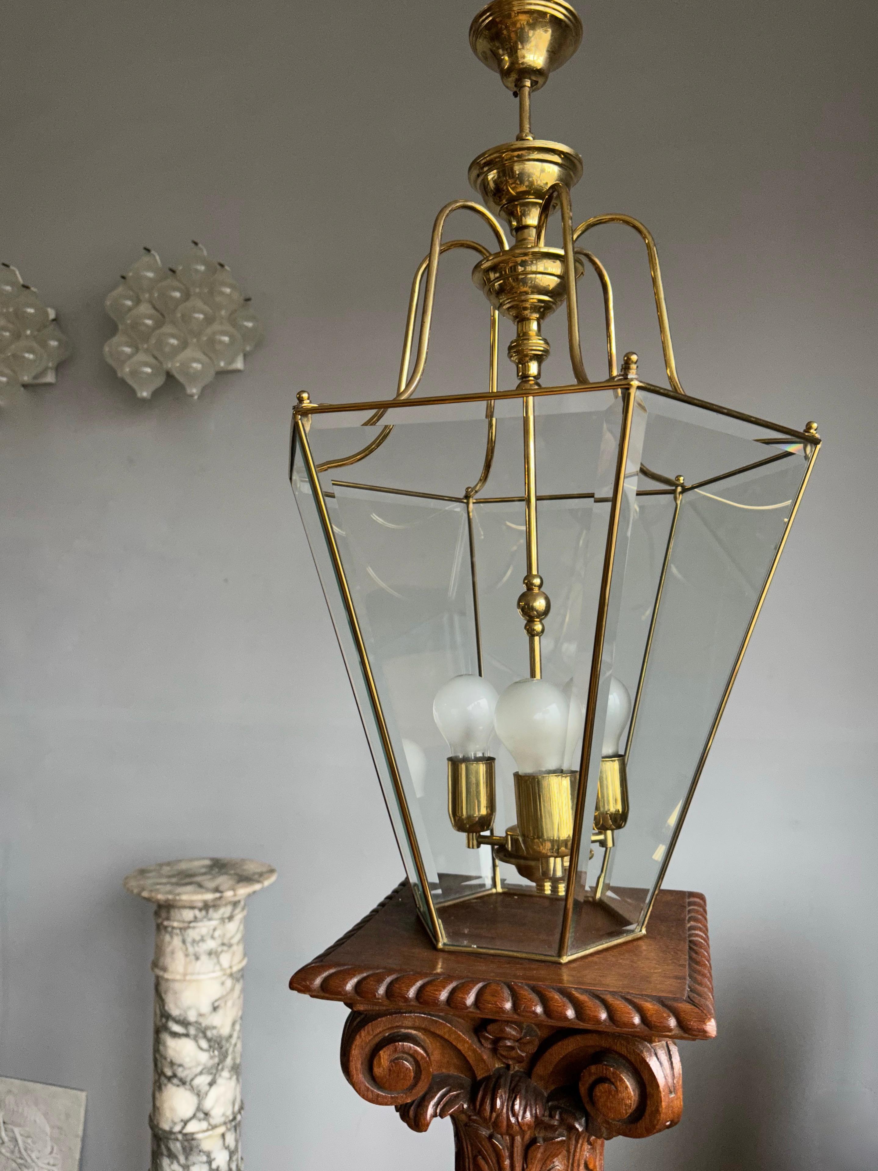 Extra Large Highly Stylish Brass and Beveled Glass Pendant Light Ceiling Lantern For Sale 13