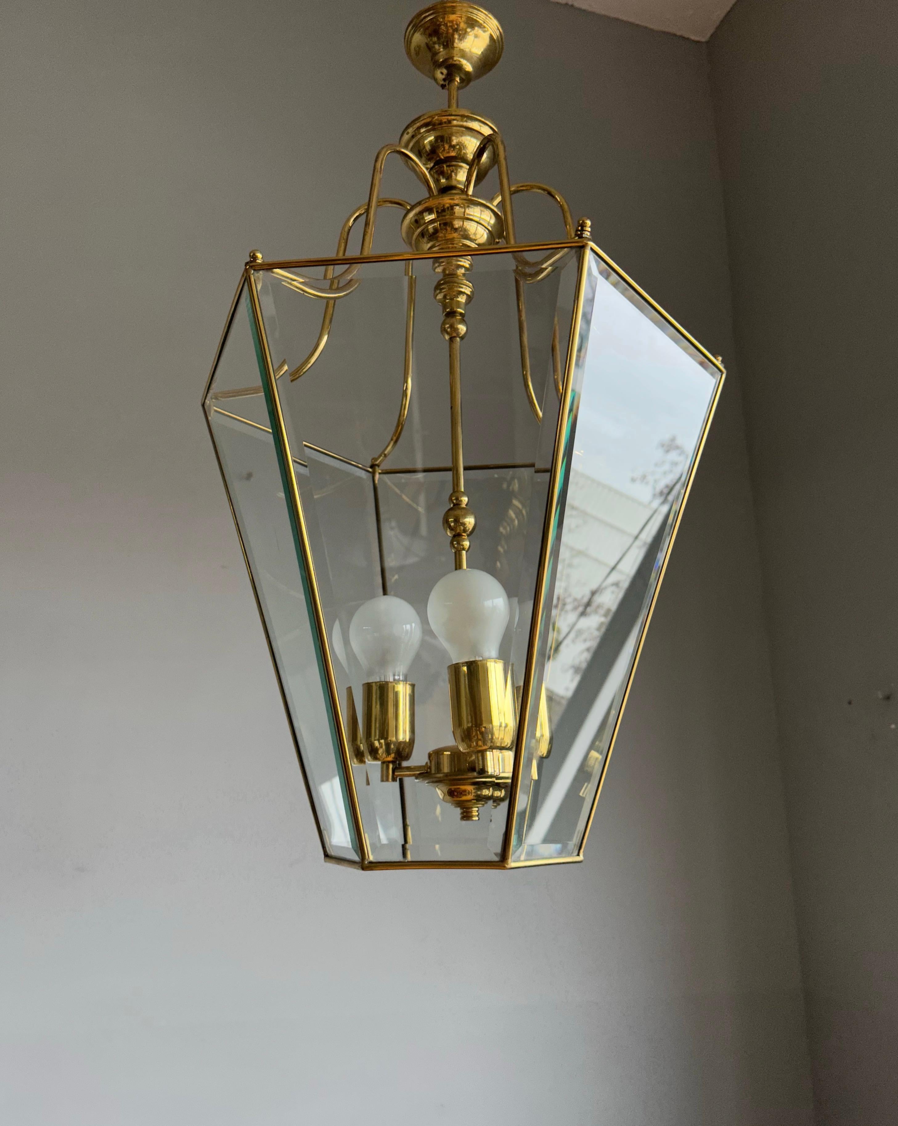 Extra Large Highly Stylish Brass and Beveled Glass Pendant Light Ceiling Lantern For Sale 1