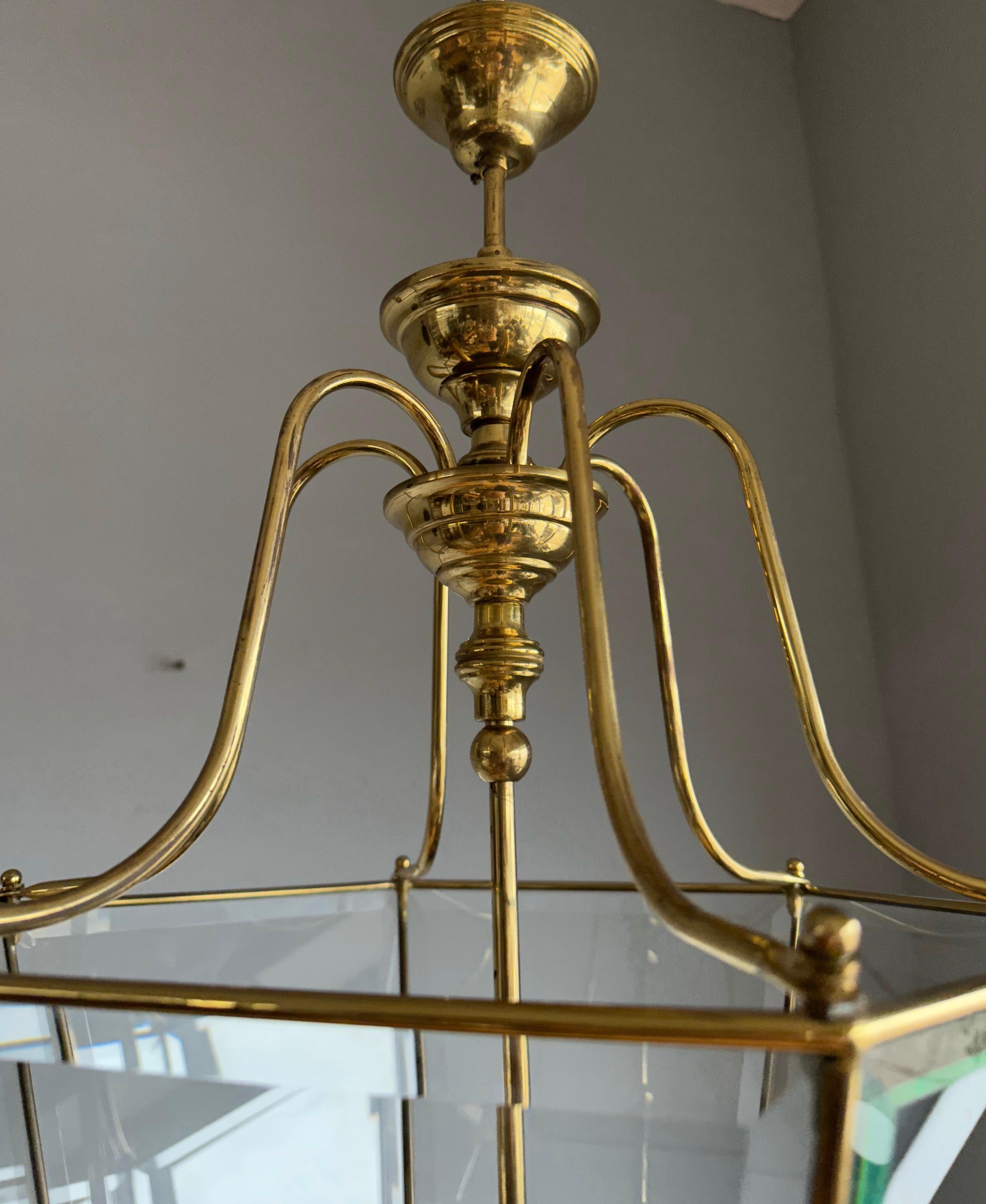 Extra Large Highly Stylish Brass and Beveled Glass Pendant Light Ceiling Lantern For Sale 2