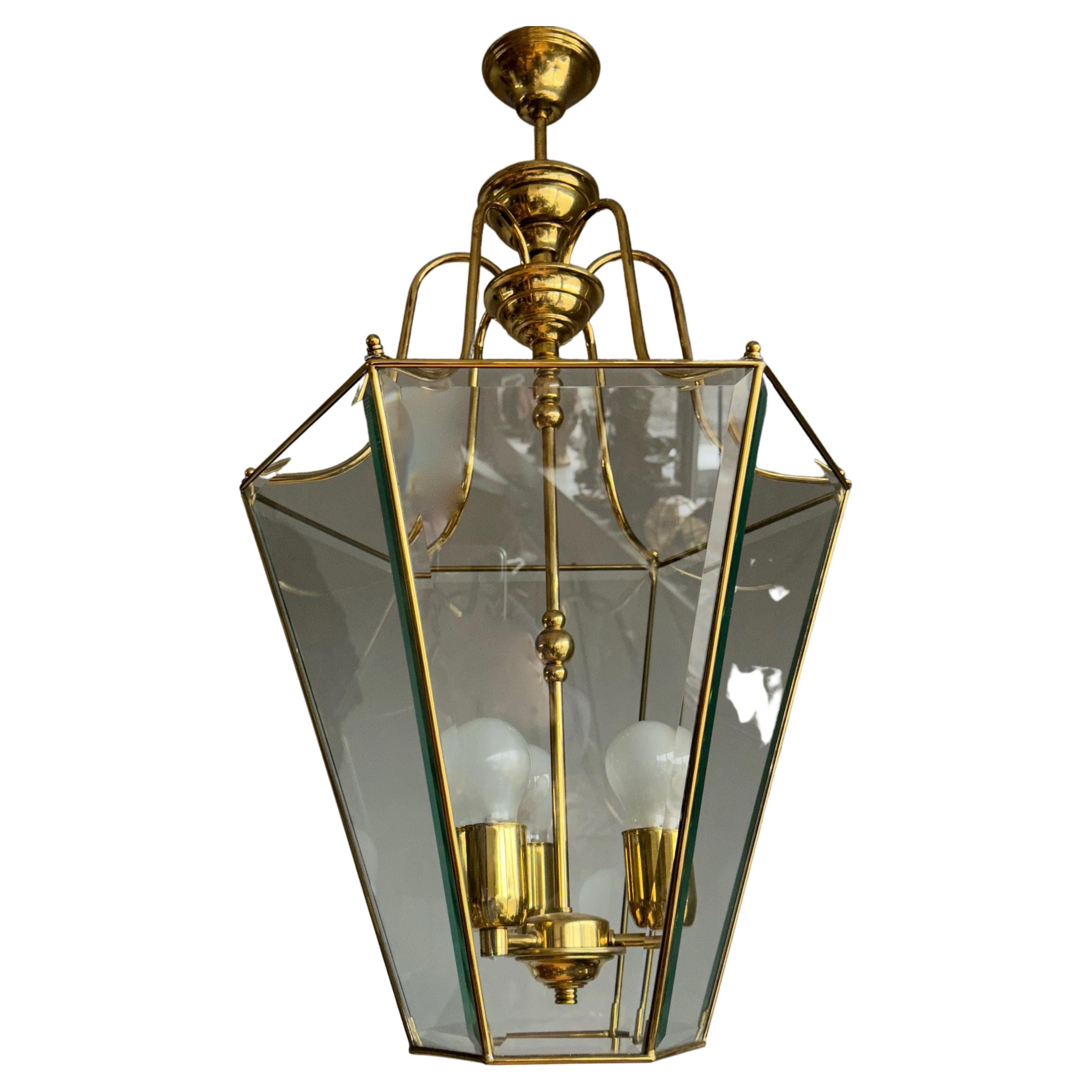 Extra Large Highly Stylish Brass and Beveled Glass Pendant Light Ceiling Lantern For Sale