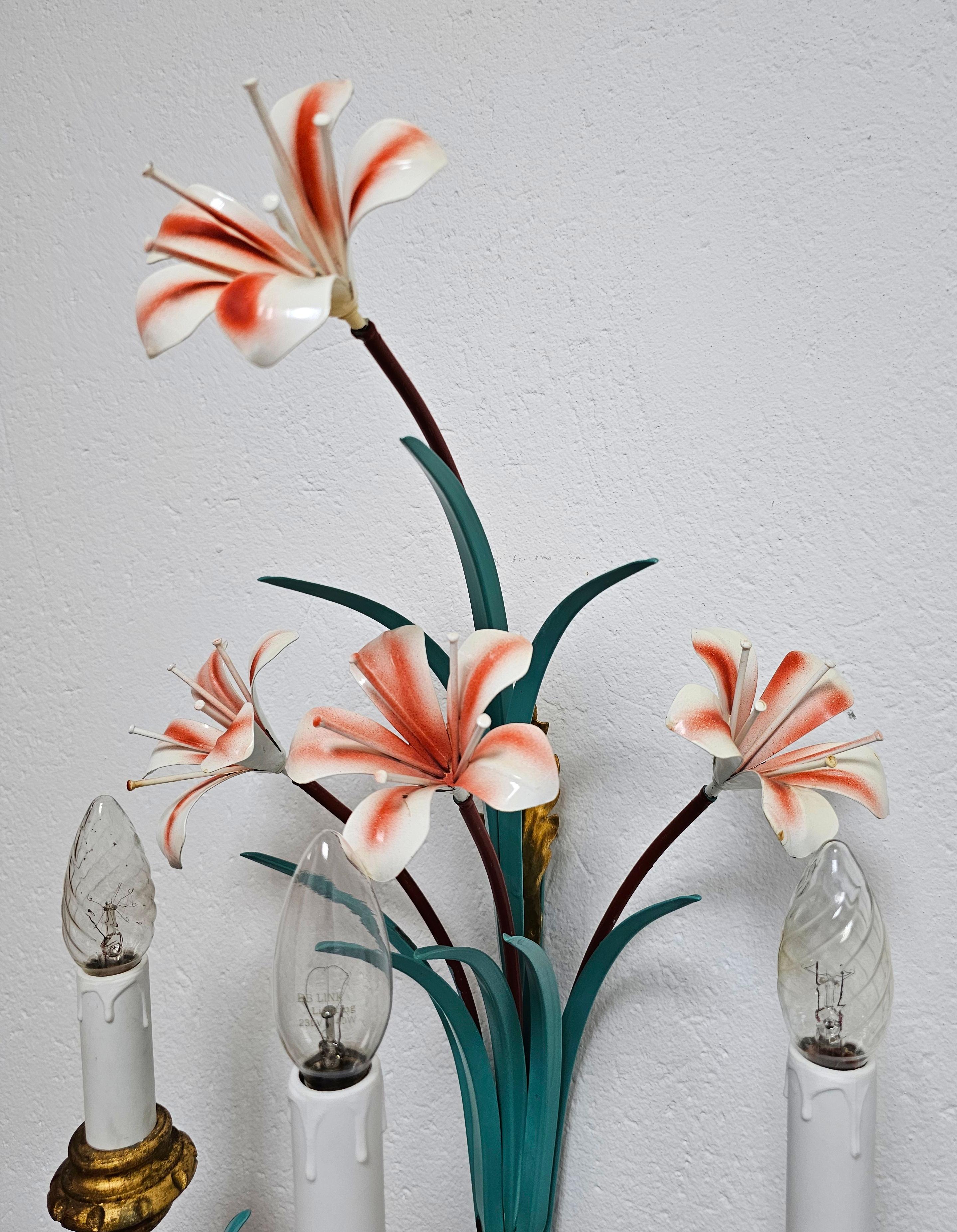 Extra Large Hollywood Regency Tole Sconces with Lilly Flowers, Italy 1960s For Sale 7
