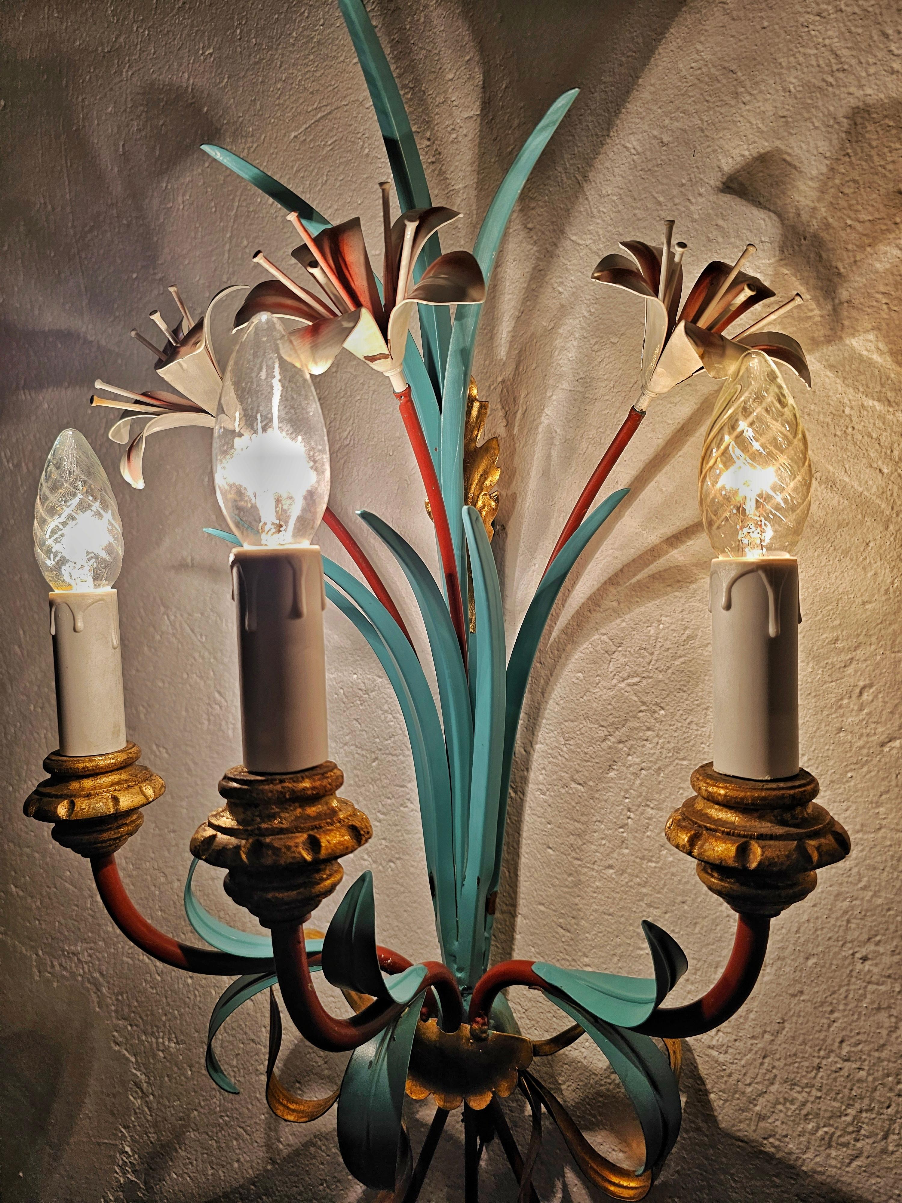 Extra Large Hollywood Regency Tole Sconces with Lilly Flowers, Italy 1960s For Sale 12