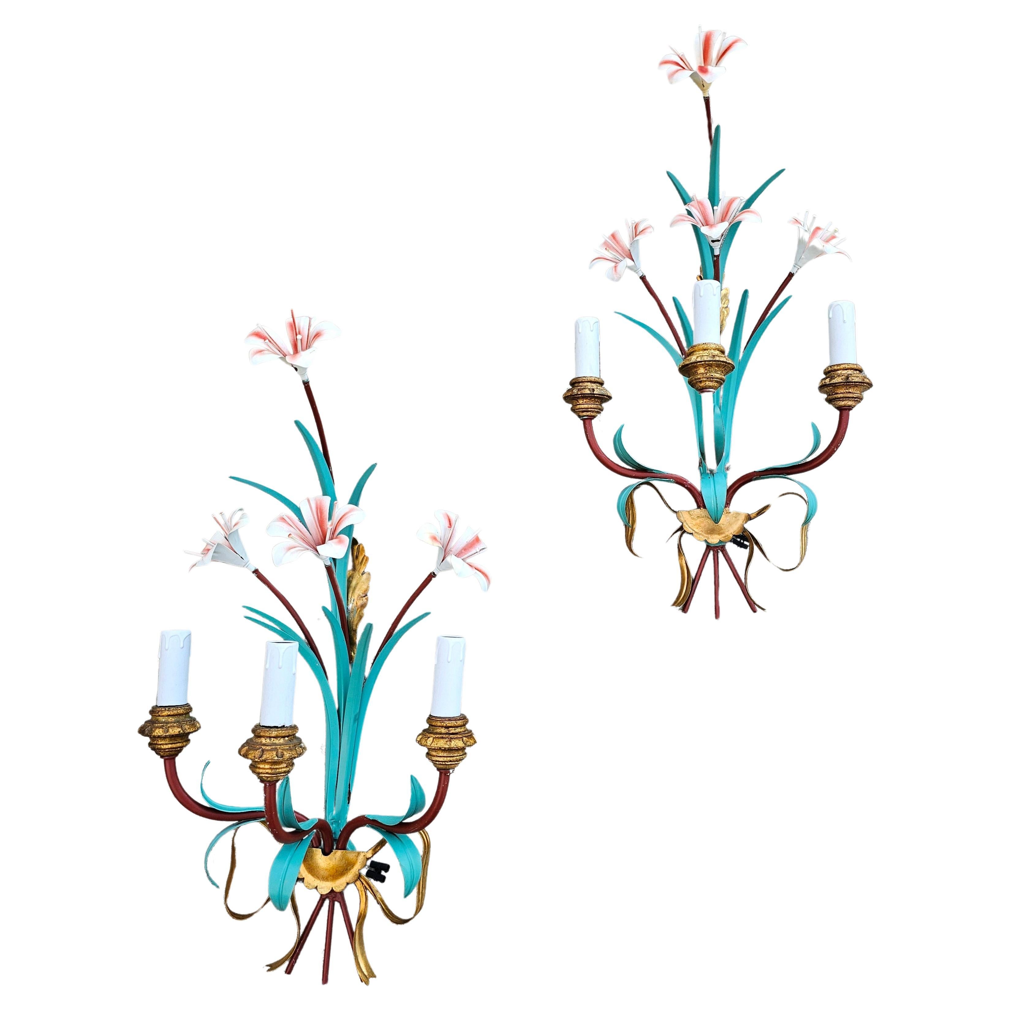 Extra Large Hollywood Regency Tole Sconces with Lilly Flowers, Italy 1960s