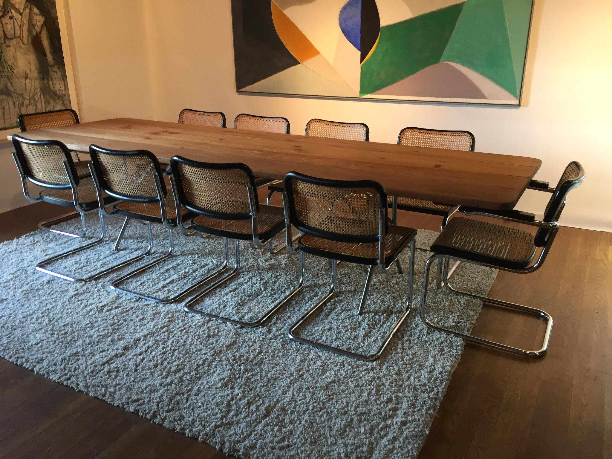 Extra large farm/ conference table Industrial steel base folding. Handcrafted vintage heavy well made, can be purchased together with ten Marcel Brauer Cesa chairs cane and chrome Black edge vintage unmarked. Incentive to purchase with ten Cesca