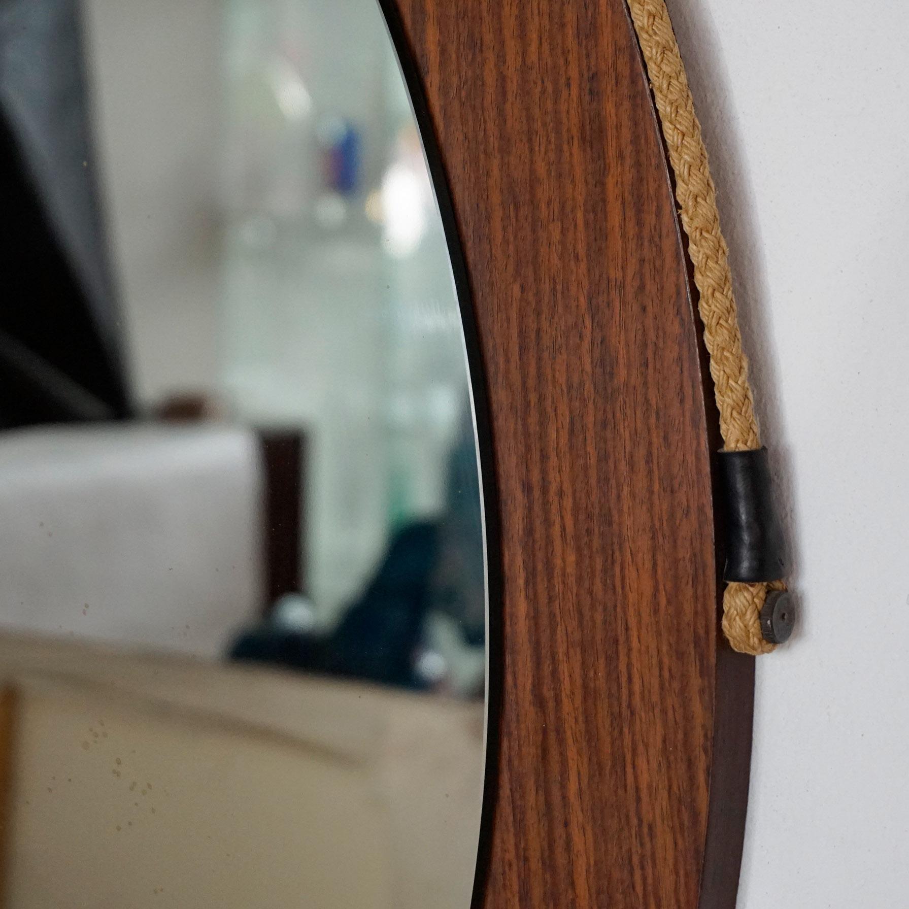 Mid-Century Modern Extra Large Italian Midcentury Circular Rosewood Wall Mirror with Rope
