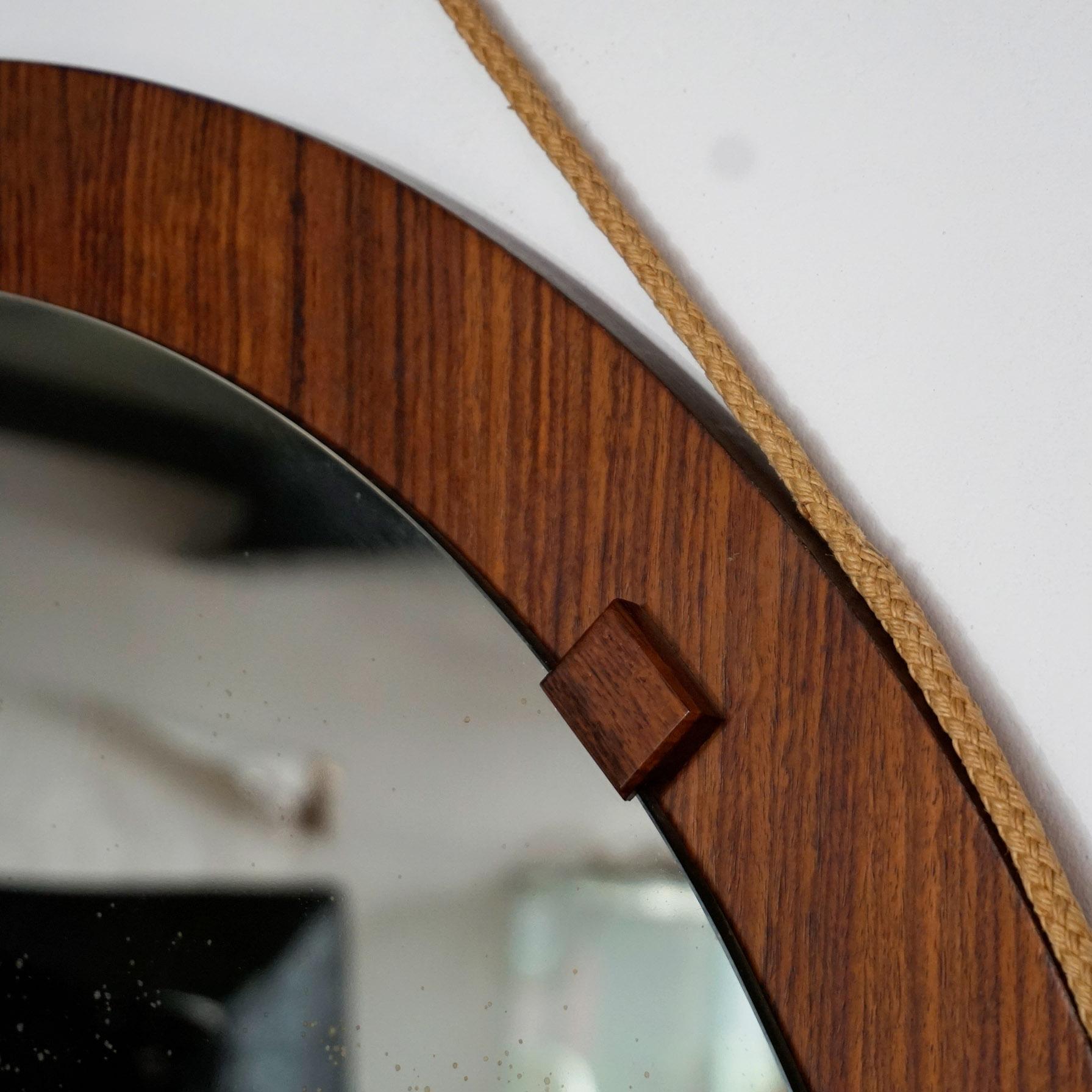 Extra Large Italian Midcentury Circular Rosewood Wall Mirror with Rope In Good Condition In Vienna, AT