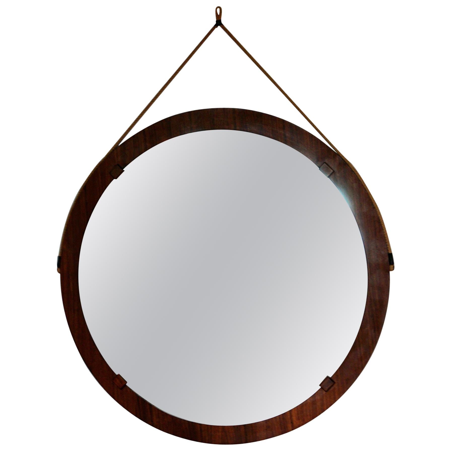 Extra Large Italian Midcentury Circular Rosewood Wall Mirror with Rope