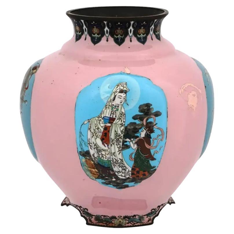 Très grand vase japonais en émail cloisonné rose Gonda