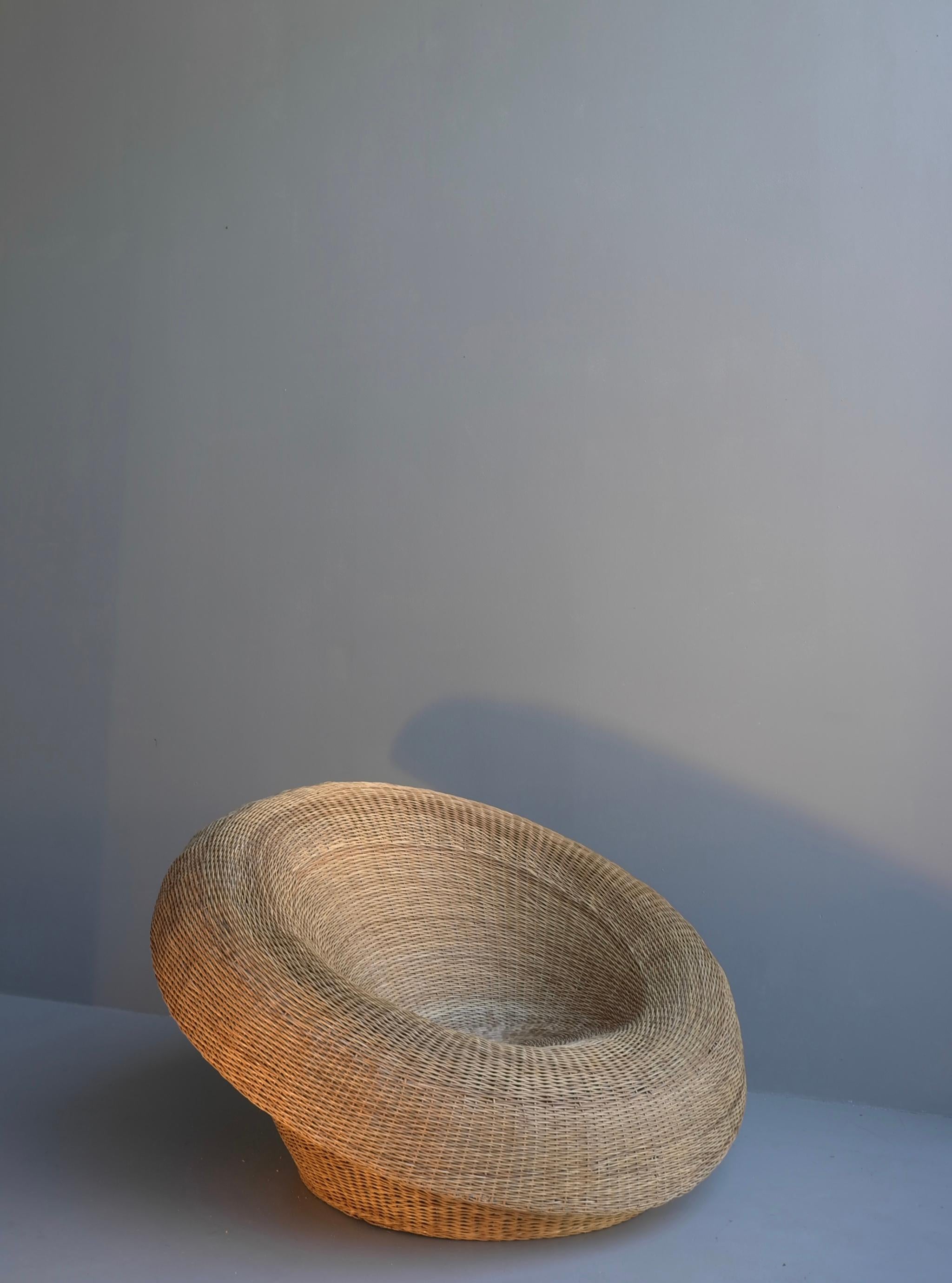 Extra large round Japanese sculptural wicker basket lounge chair, 1950s.