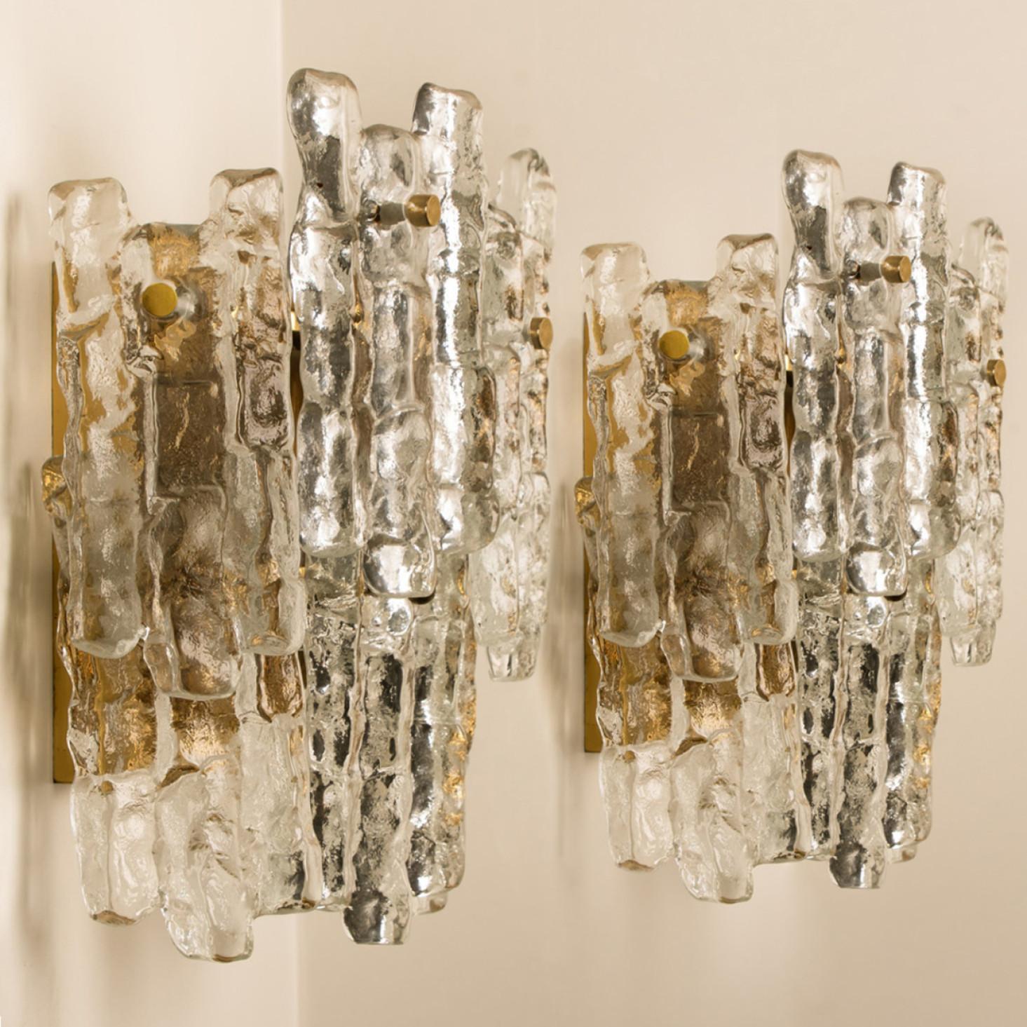 Mid-Century Modern Extra Large Kalmar Ice Glass Brass Wall Sconces by J.T. Kalmar For Sale