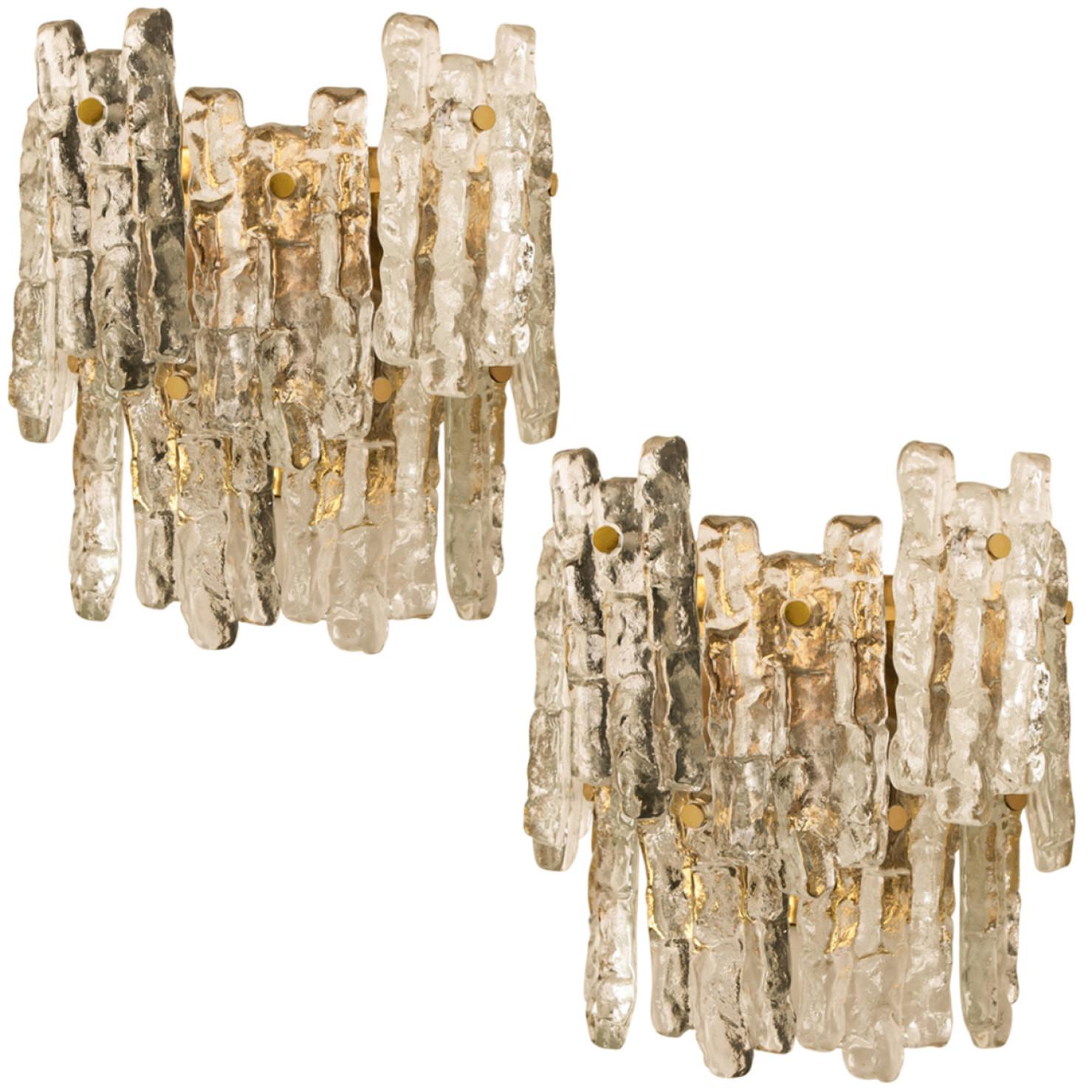 Brushed Extra Large Kalmar Ice Glass Brass Wall Sconces by J.T. Kalmar For Sale