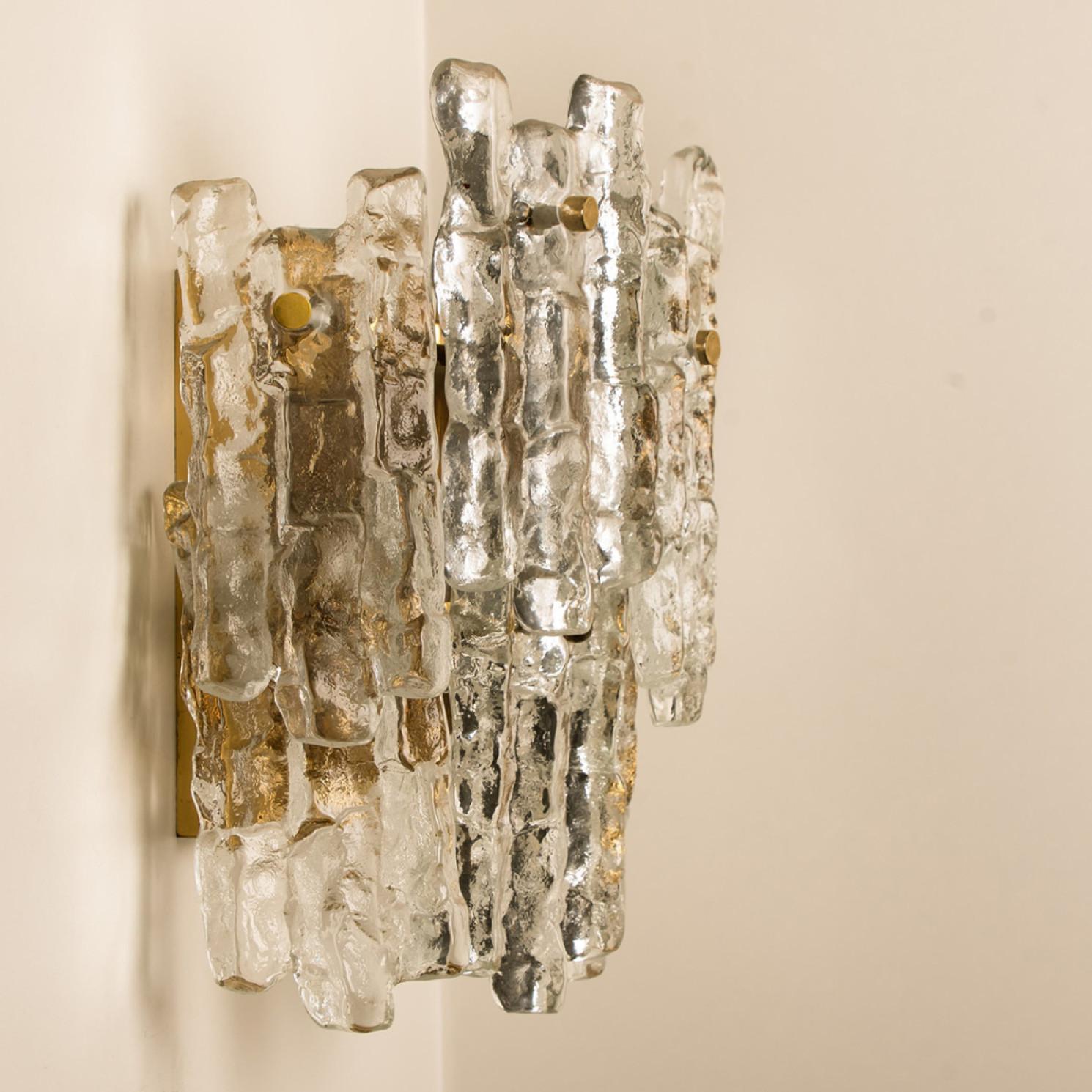 Extra Large Kalmar Ice Glass Brass Wall Sconces by J.T. Kalmar For Sale 1