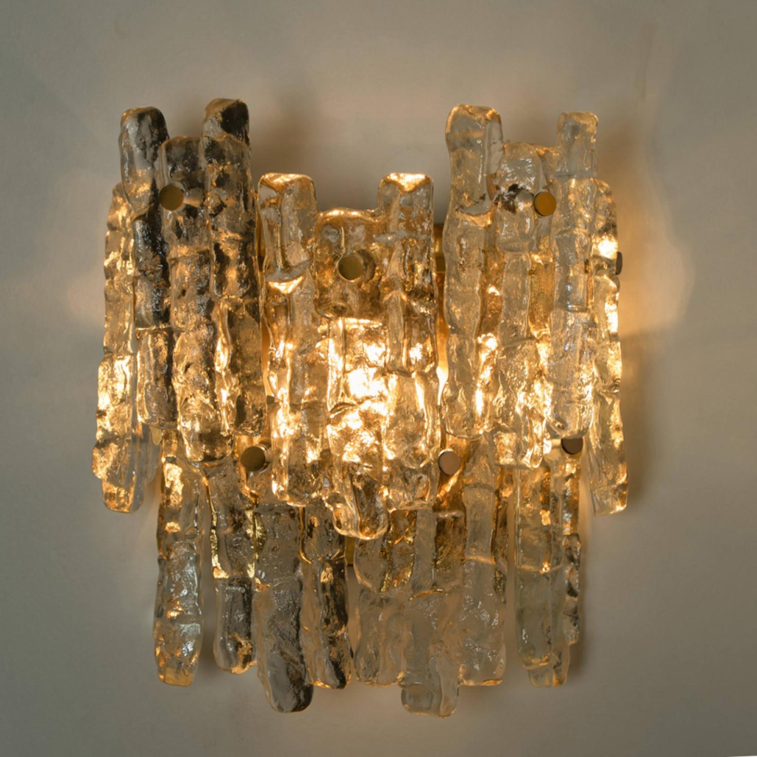 Extra Large Kalmar Ice Glass Brass Wall Sconces by J.T. Kalmar For Sale 2