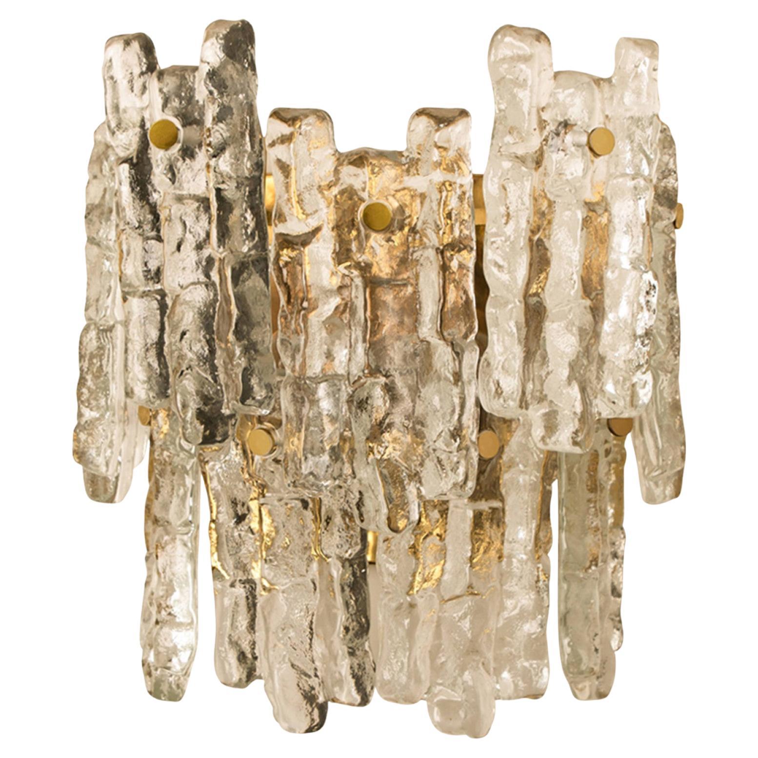 Extra Large Kalmar Ice Glass Brass Wall Sconces by J.T. Kalmar For Sale