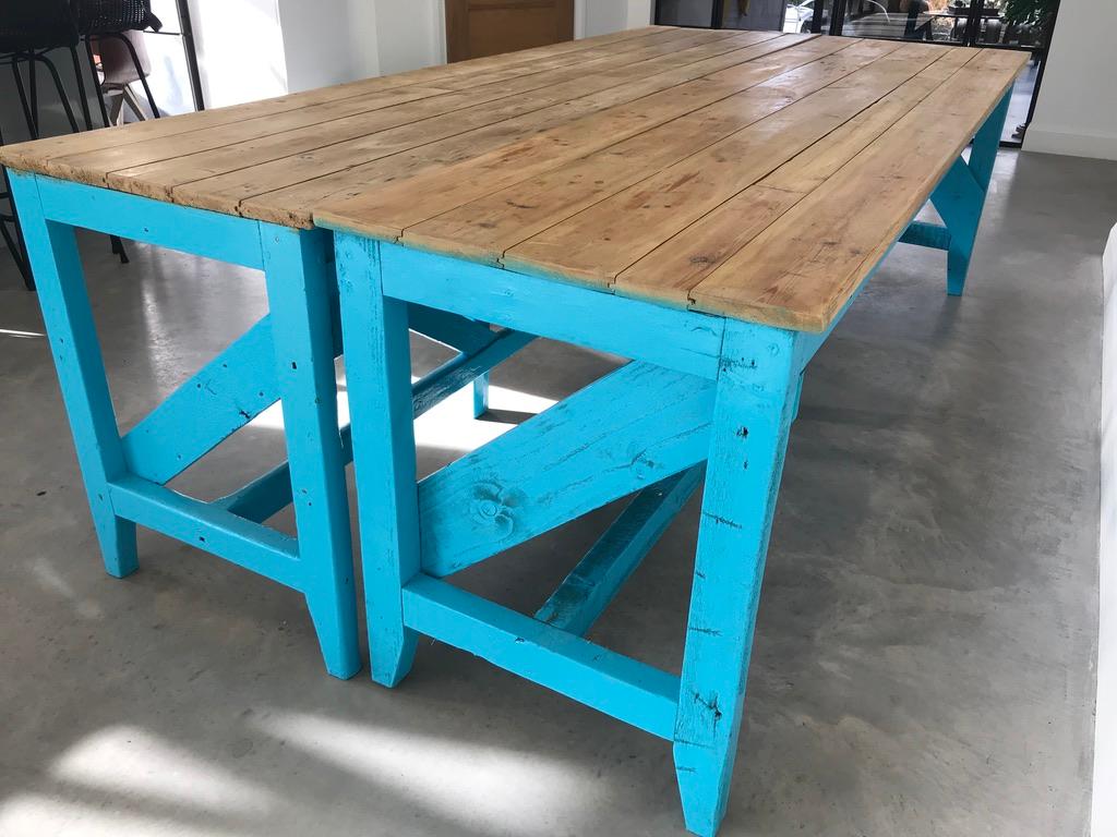 English Extra Large Light Retro Vintage Blue Painted Kitchen Table or Shop Display For Sale