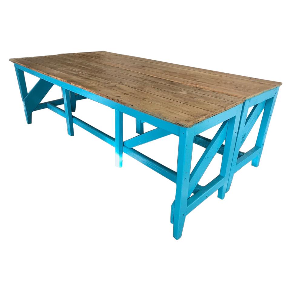 Extra Large Light Retro Vintage Blue Painted Kitchen Table or Shop Display For Sale