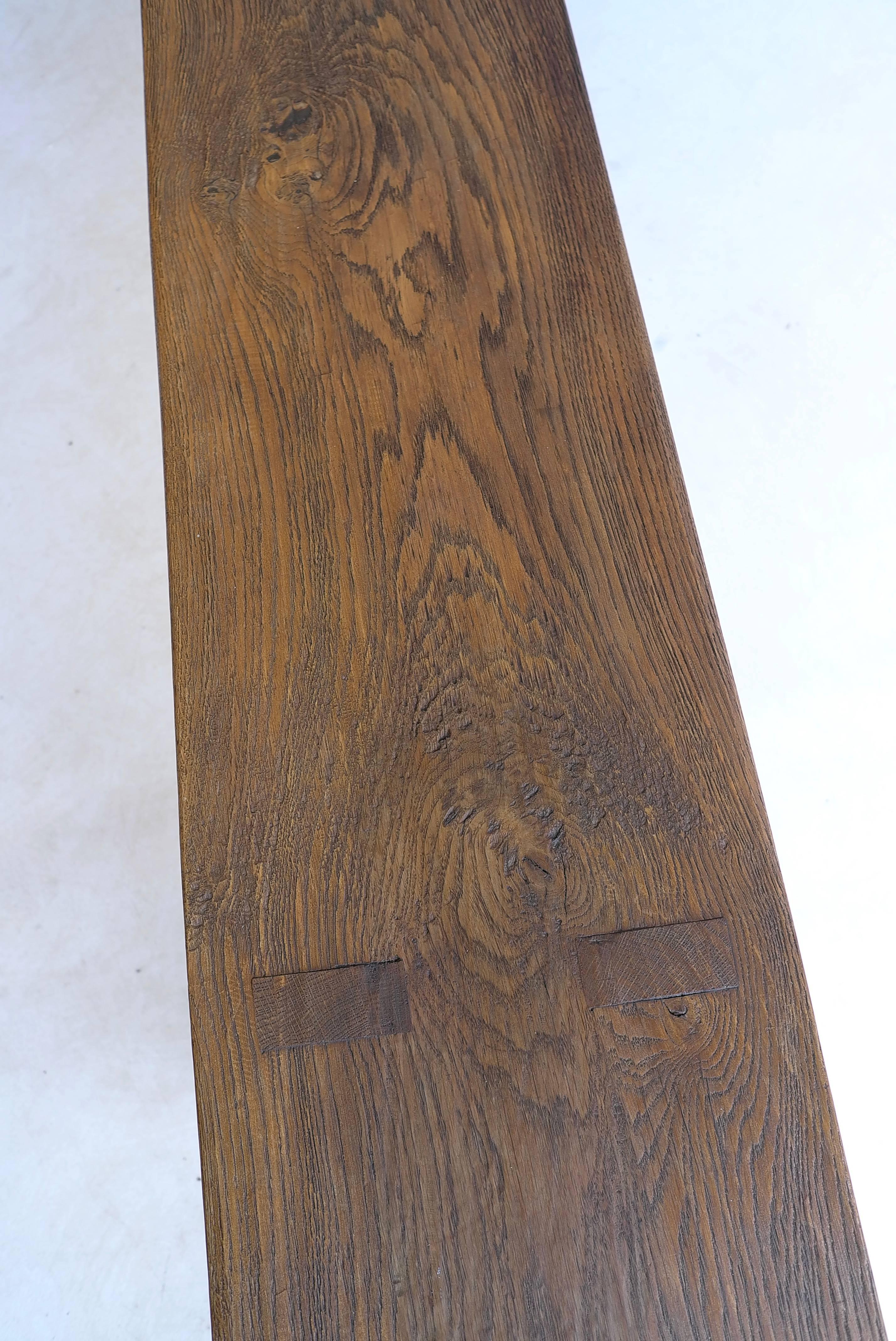 French Extra Large Live Edge Bench in Solid Oak, Wrought Iron Details, France, 1960s