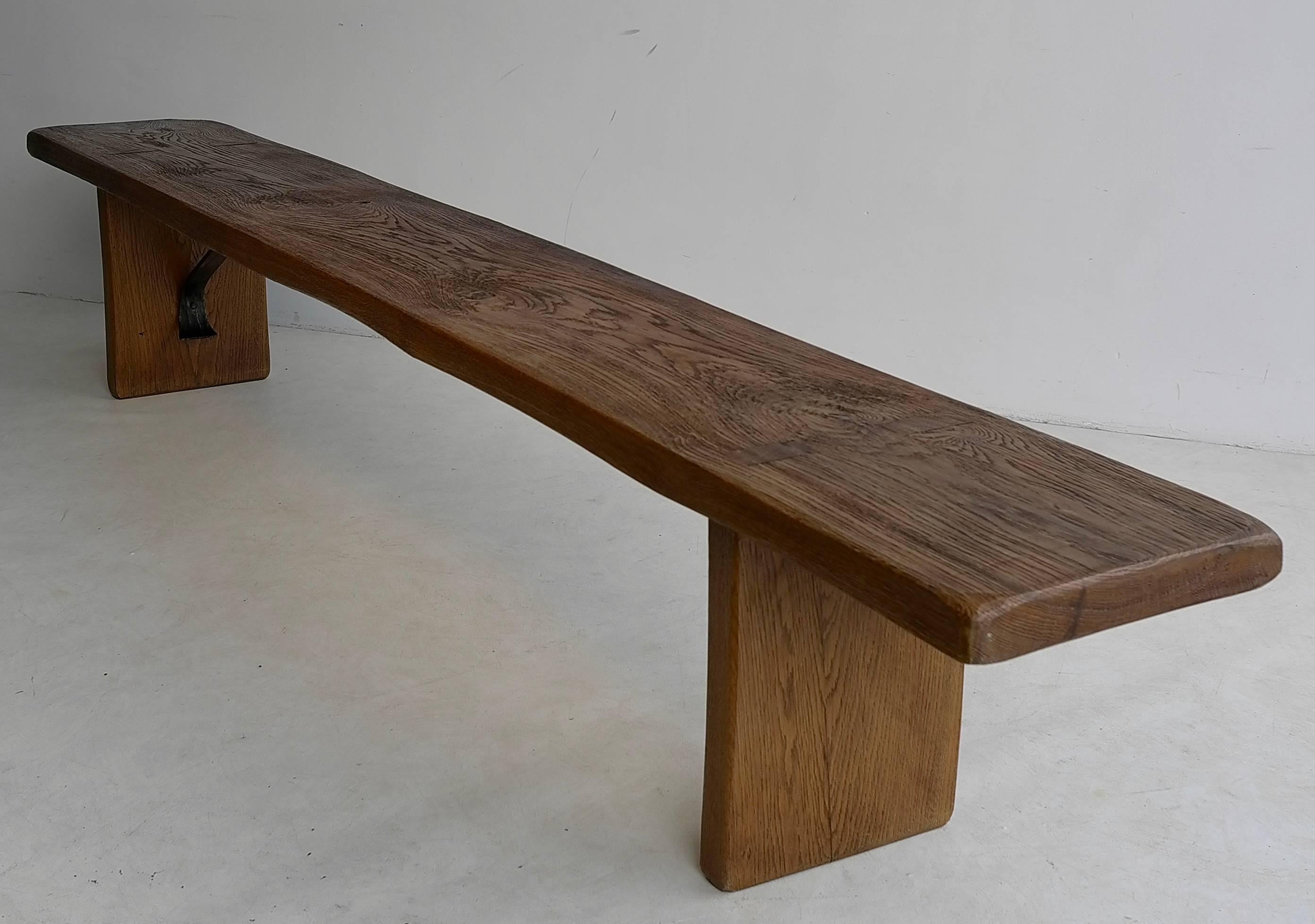 Steel Extra Large Live Edge Bench in Solid Oak, Wrought Iron Details, France, 1960s