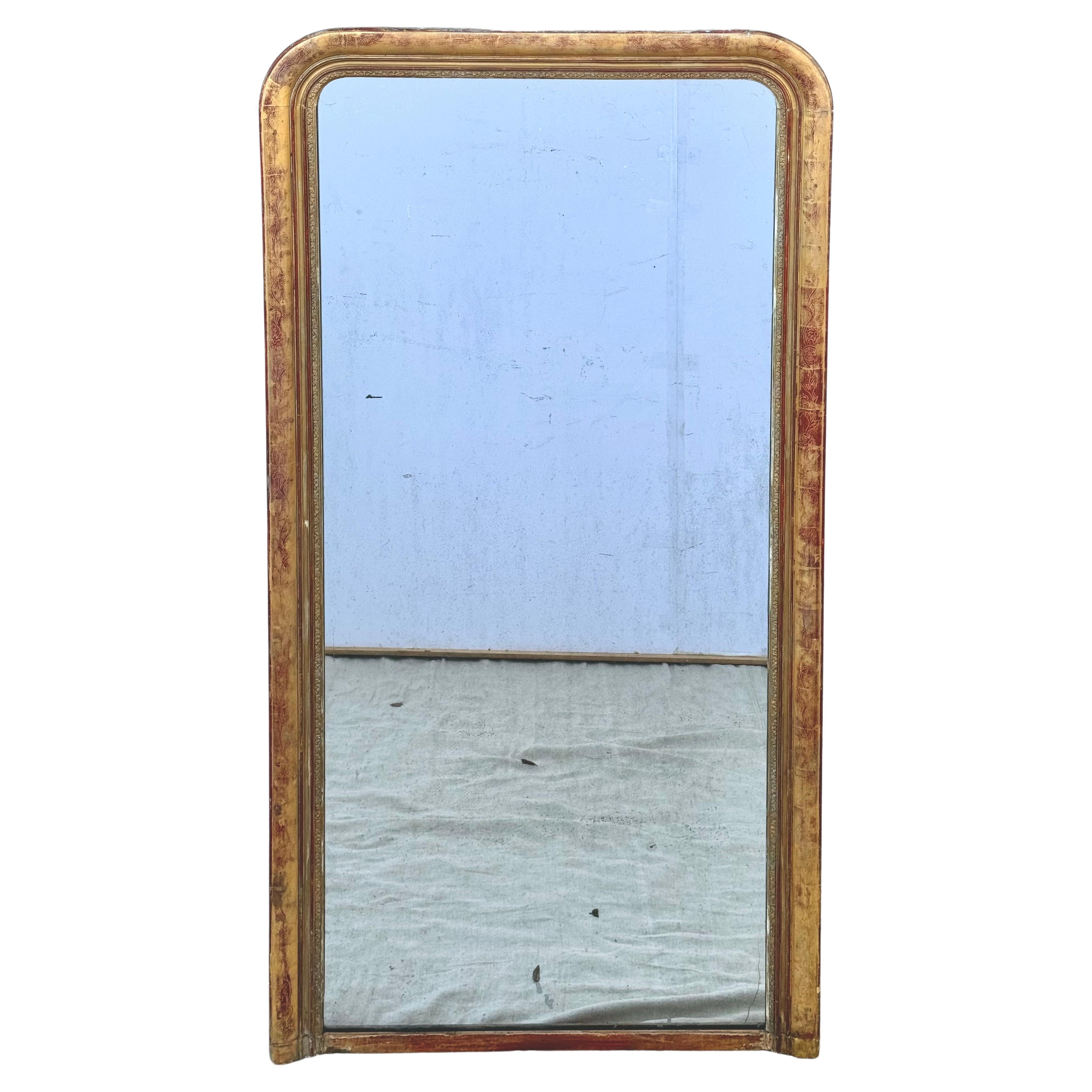 Very Large, 6 ft 8 in, 19th Century Louis Philippe Giltwood Pier Mirror. Antique gilded arch top mirror is of tall proportions. Mirror has gilded foliate border. Retains the original 19th century mirror. The giltwood finish now has a wonderfully