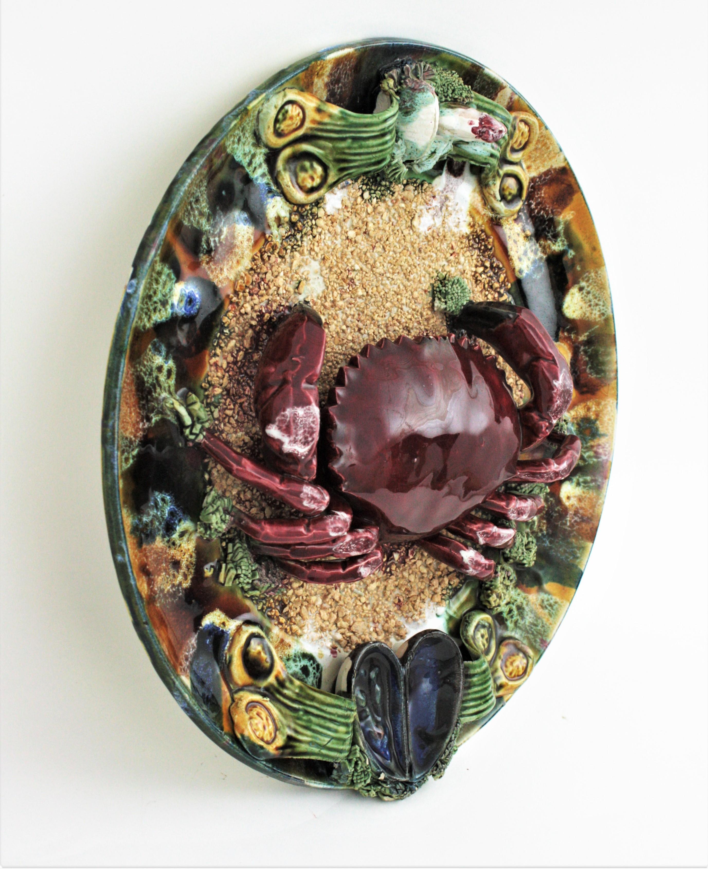Mid-Century Modern Extra Large Majolica Ceramic Trompe L' Oeil Wall Plate Crab Design For Sale