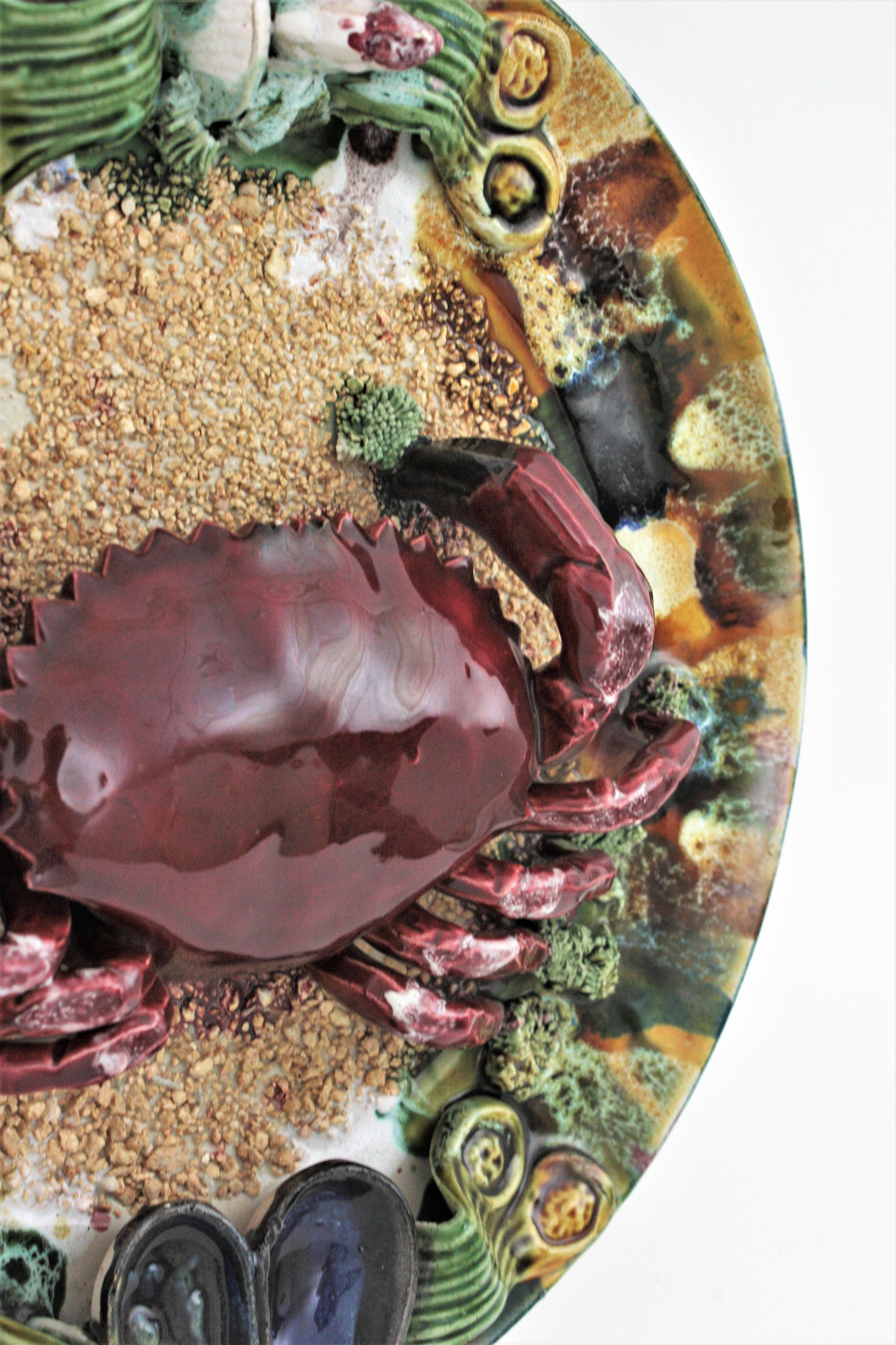 Portuguese Extra Large Majolica Ceramic Trompe L' Oeil Wall Plate Crab Design For Sale