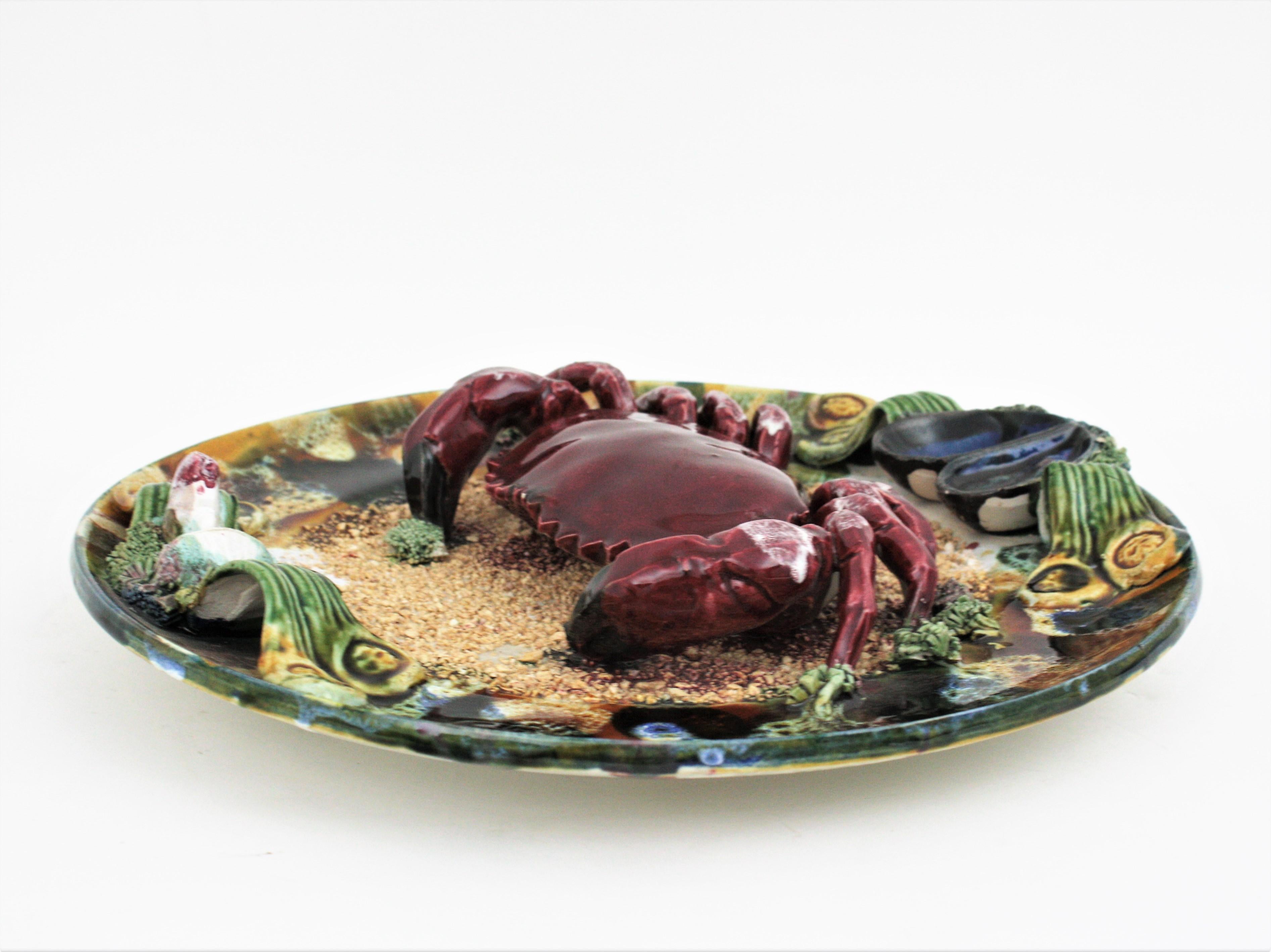 Glazed Extra Large Majolica Ceramic Trompe L' Oeil Wall Plate Crab Design For Sale