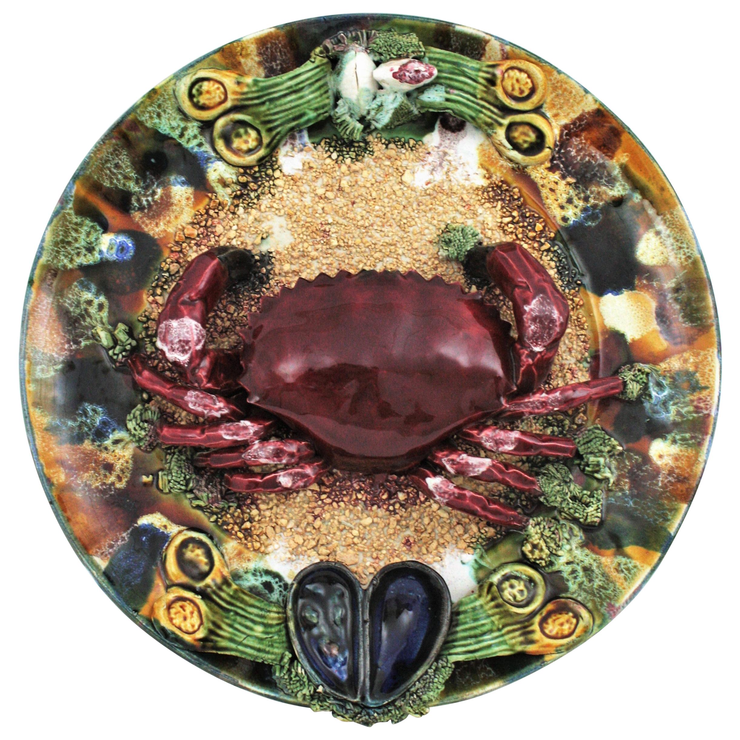 Extra Large Majolica Ceramic Trompe L' Oeil Wall Plate Crab Design For Sale