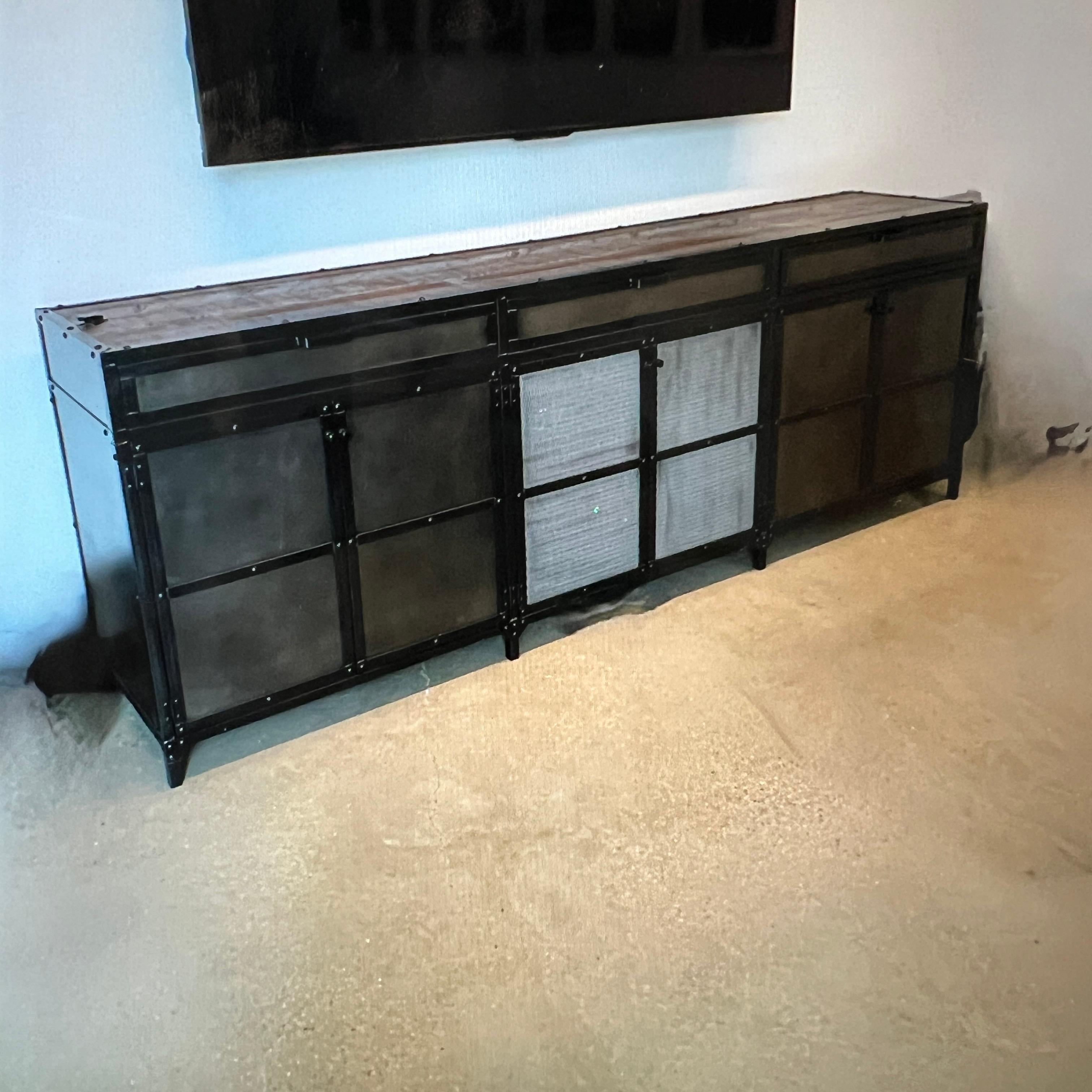 This extra large media credenza was custom made for a tech company in Chicago's West Loop and used for just weeks before COVID closed down their offices. It has 3 large storage drawers on the top. They are 4.5