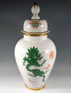 Extra Large Meissen Lidded Vase with Green Ming Dragon Decor, 20th Century