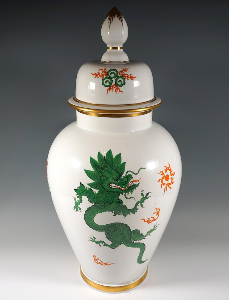 Extra Large Meissen Lidded Vase with Green Ming Dragon Decor, 20th