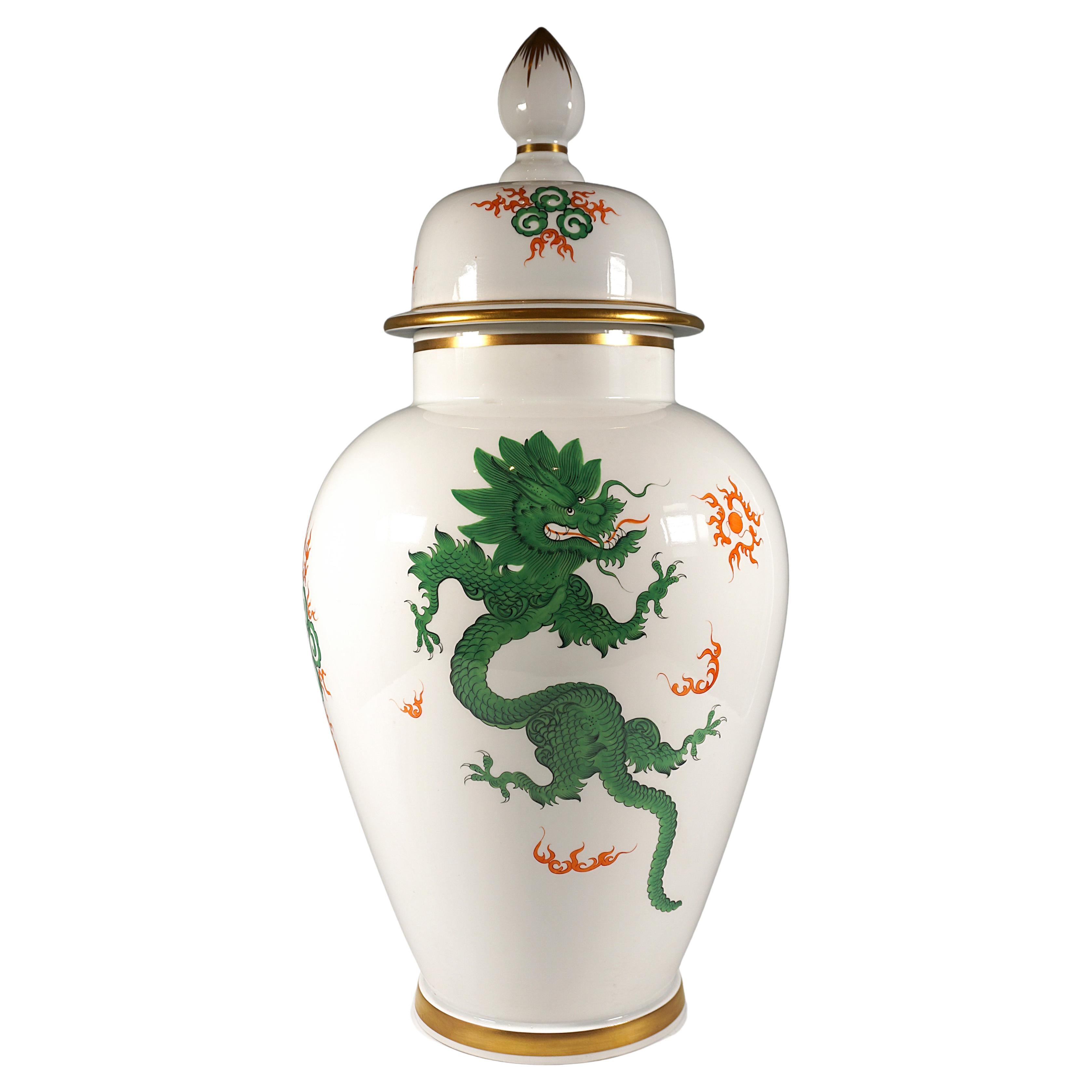 Extra Large Meissen Lidded Vase with Green Ming Dragon Decor, 20th Century For Sale