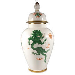 Extra Large Meissen Lidded Vase with Green Ming Dragon Decor, 20th Century