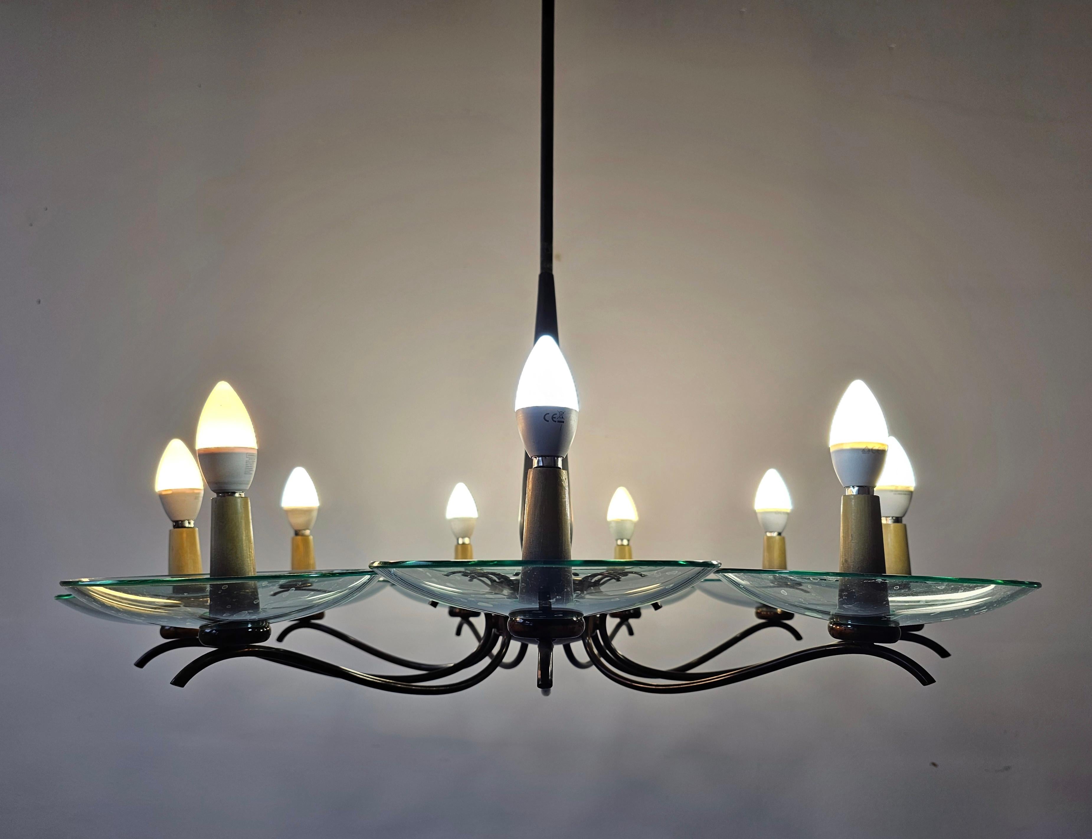 Italian Extra Large Mid Century Brass Chandelier designed in style of Pietro Chiesa For Sale