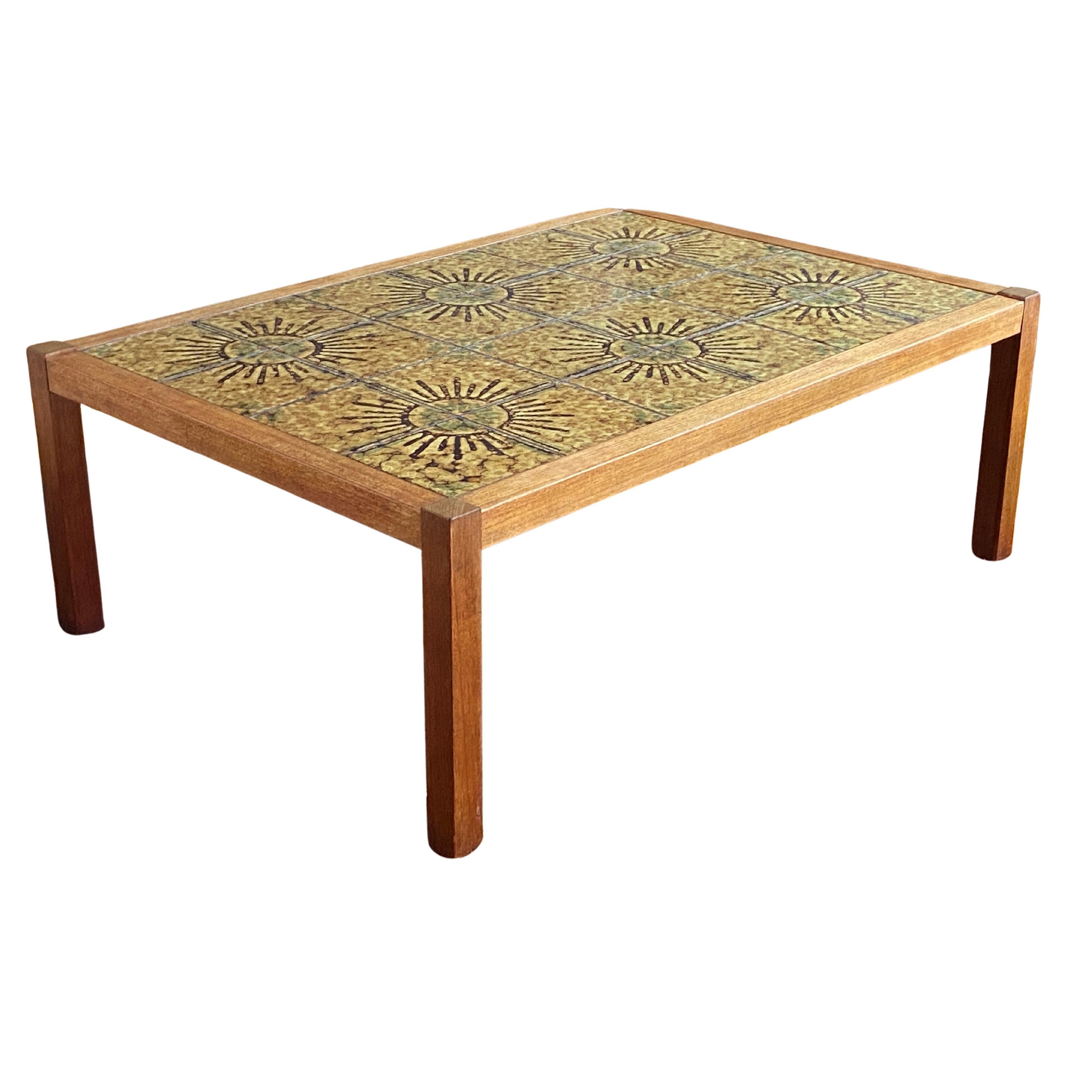 Extra large mid century Danish teak and ceramic tile coffee table. For Sale