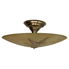 Extra Large Mid Century Glass Flush Mount / Pendant with Flying Birds in Relief