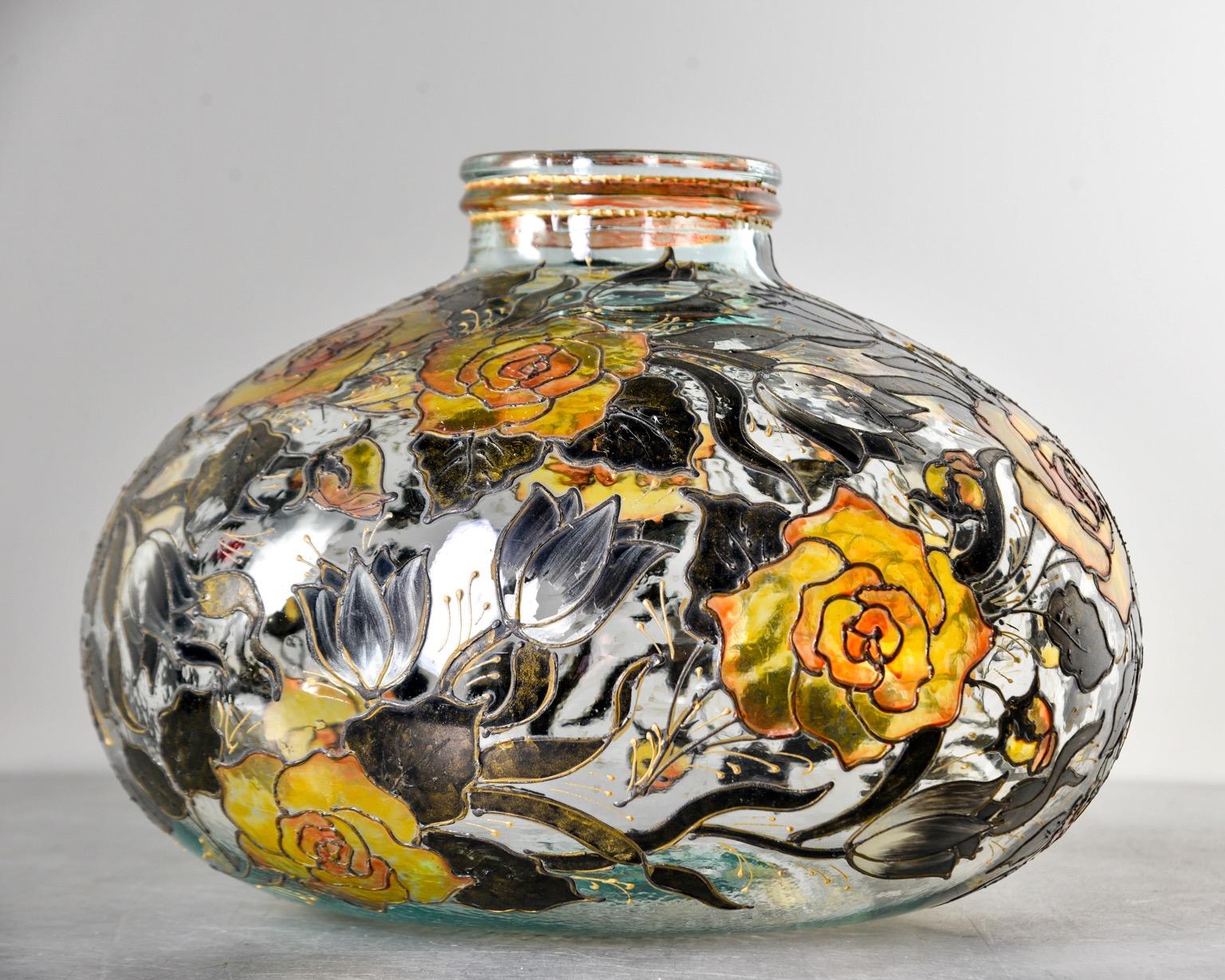 Glass Extra Large Midcentury Hand Painted Italian Vase
