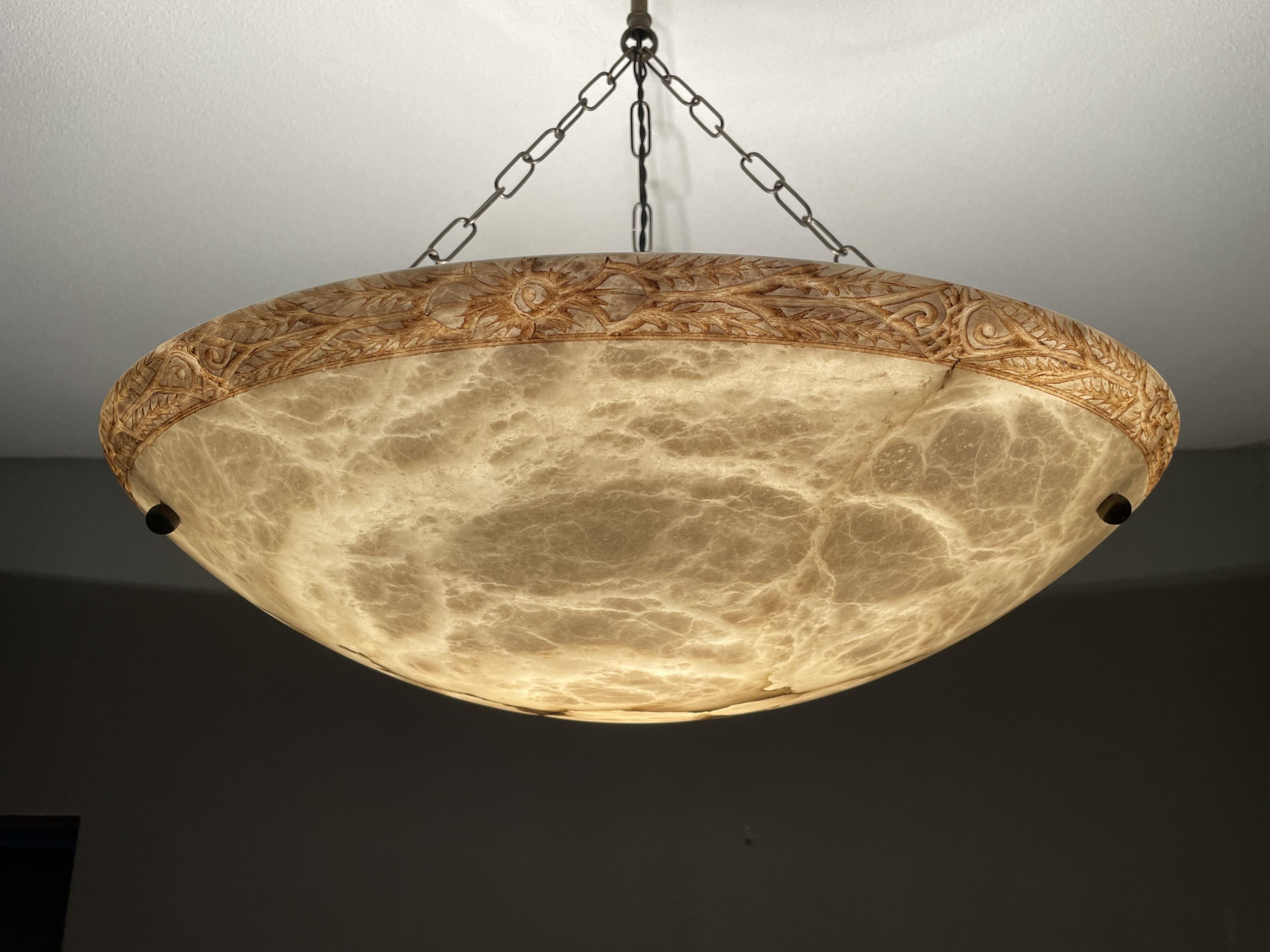 Extra Large & Mid-century Made, Hand Carved Alabaster Pendant Light/ Flush Mount In Good Condition In Lisse, NL