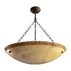 Extra Large & Mid-century Made, Hand Carved Alabaster Pendant Light/ Flush Mount
