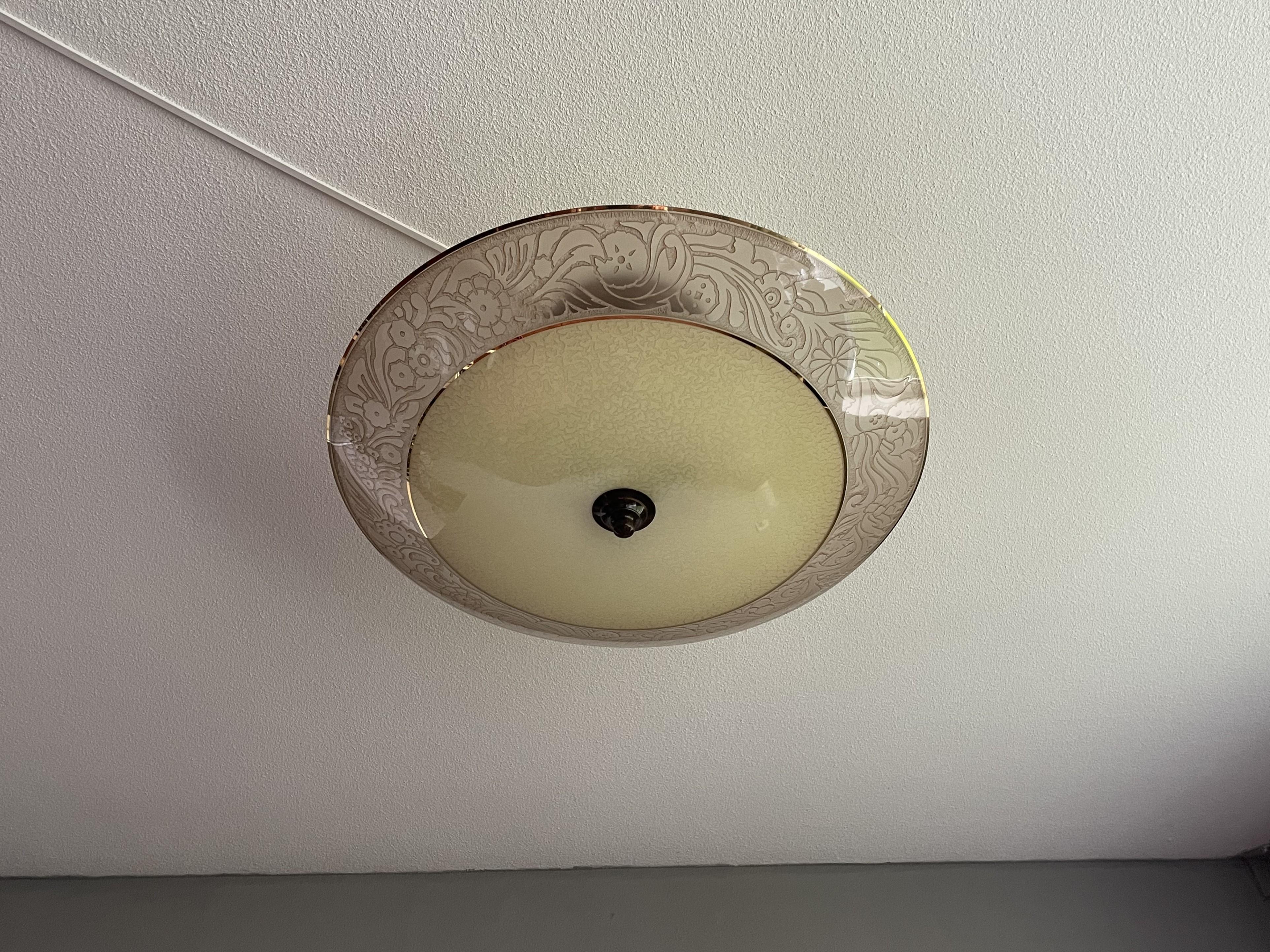 Extra Large Mid-Century Modern Engraved & Colored Glass Pendant / Flush Mount In Excellent Condition For Sale In Lisse, NL