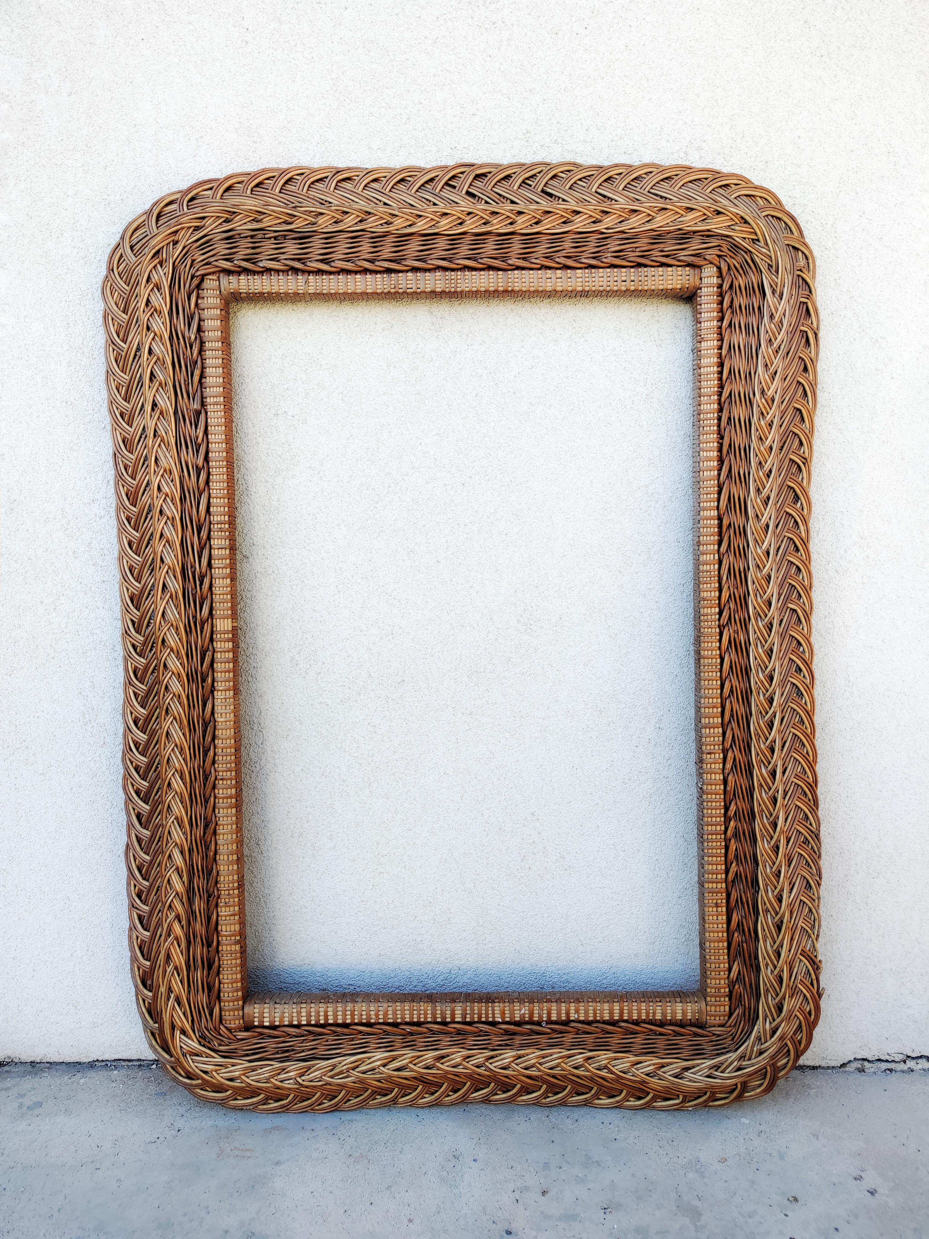 Mid-Century Modern Extra Large Mid Century Modern Hand-Woven Rattan Mirror Frame, Italy 1960s For Sale