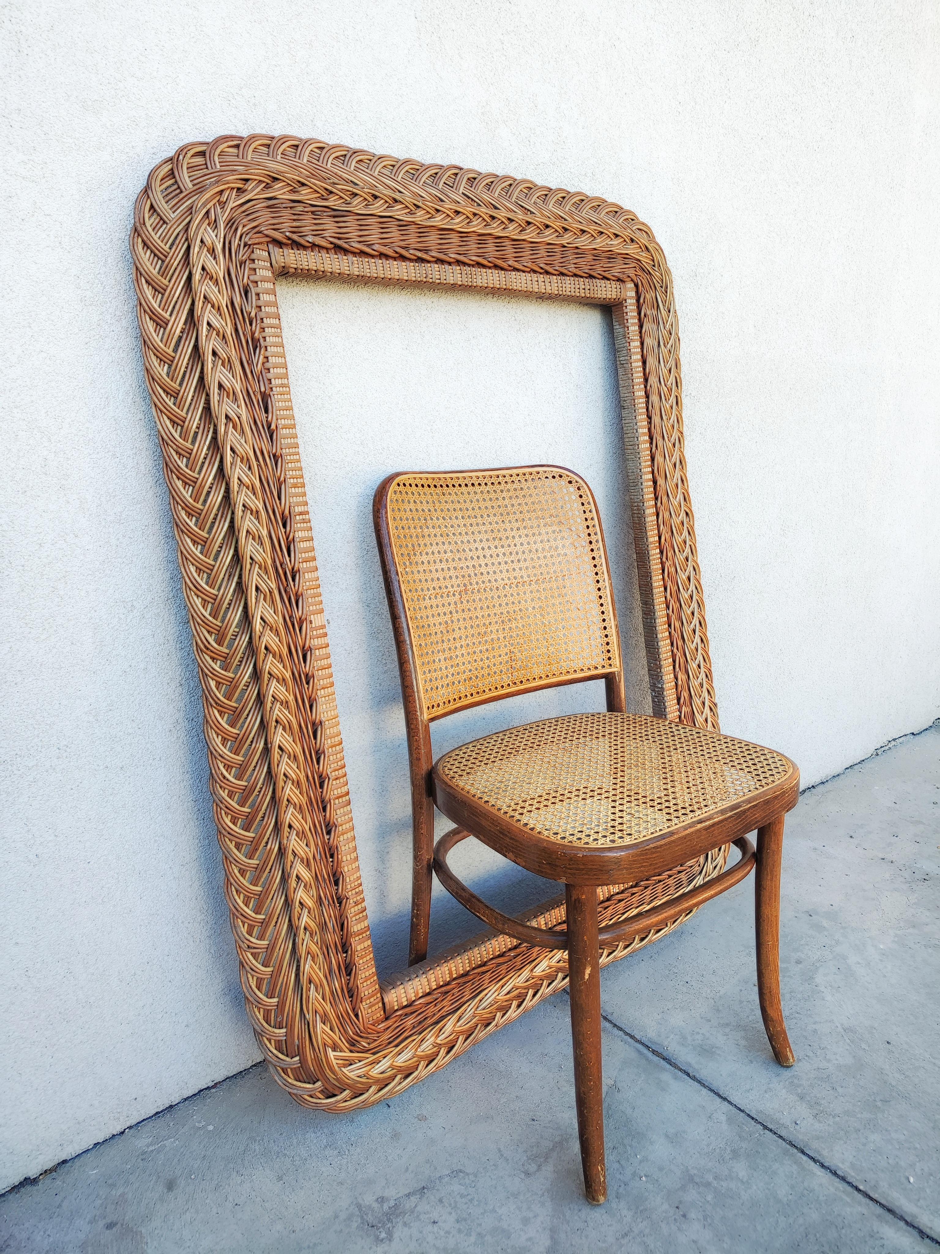 Extra Large Mid Century Modern Hand-Woven Rattan Mirror Frame, Italy 1960s In Good Condition For Sale In Beograd, RS