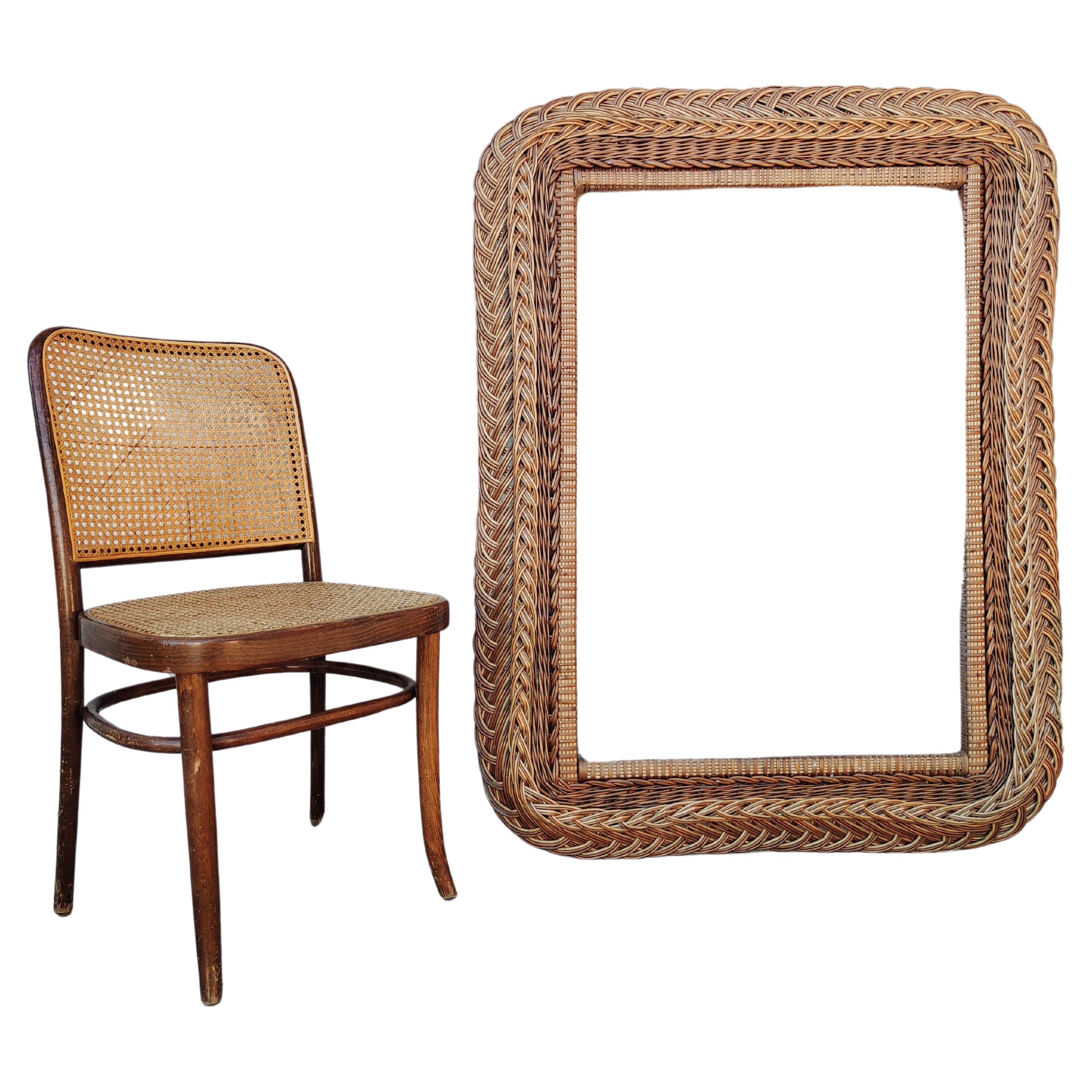 Extra Large Mid Century Modern Hand-Woven Rattan Mirror Frame, Italy 1960s