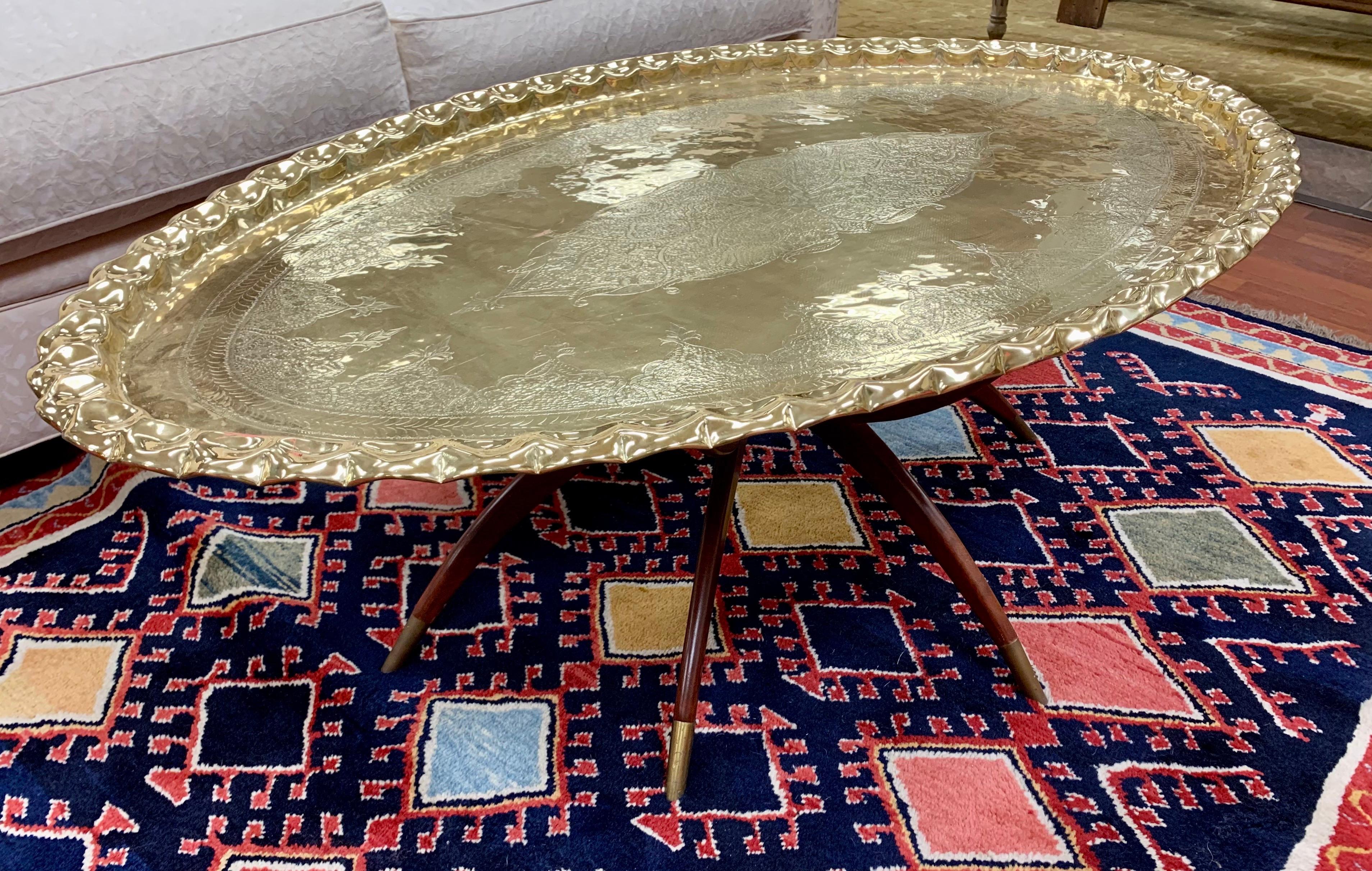 Unknown Extra Large Mid-Century Modern Moroccan Oval Brass Tray Table on Folding Stand