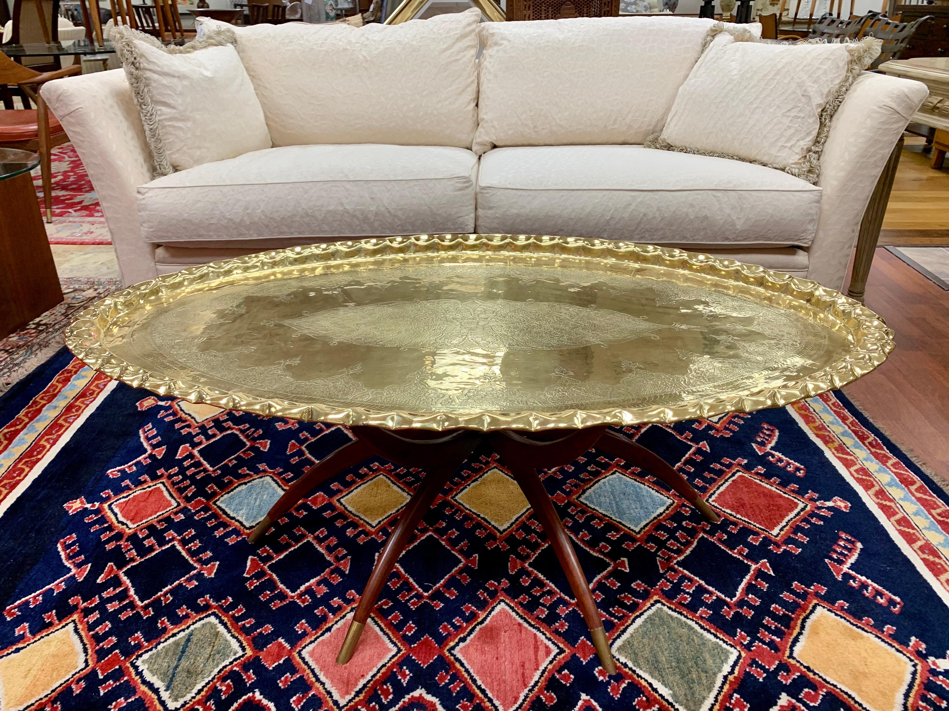Extra Large Mid-Century Modern Moroccan Oval Brass Tray Table on Folding Stand In Good Condition For Sale In West Hartford, CT