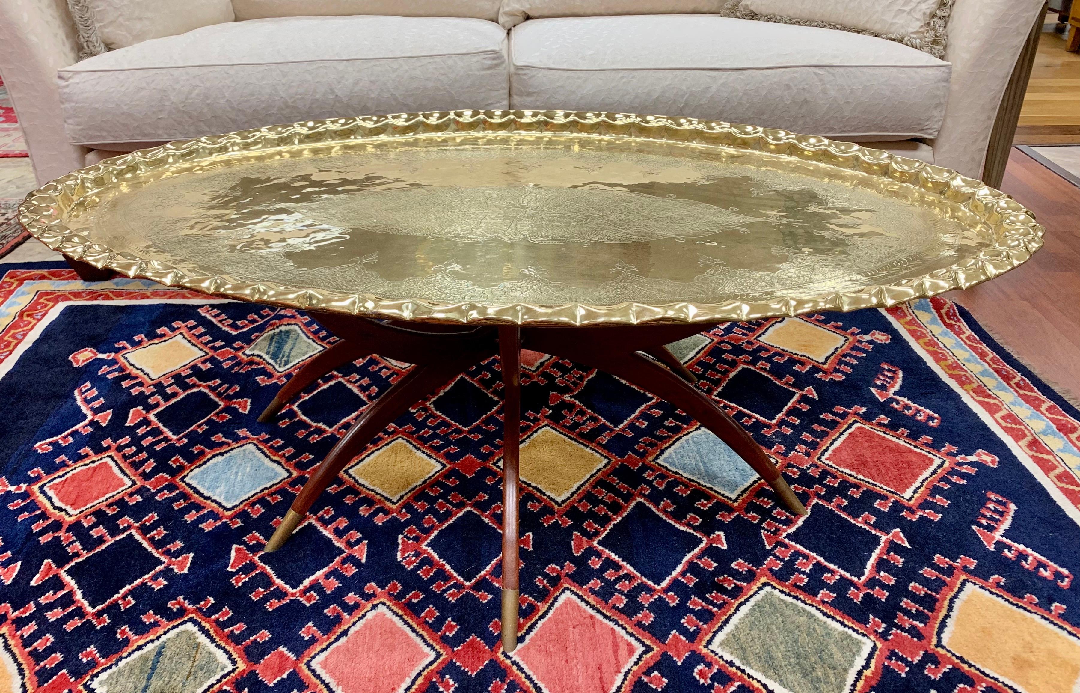 Late 20th Century Extra Large Mid-Century Modern Moroccan Oval Brass Tray Table on Folding Stand