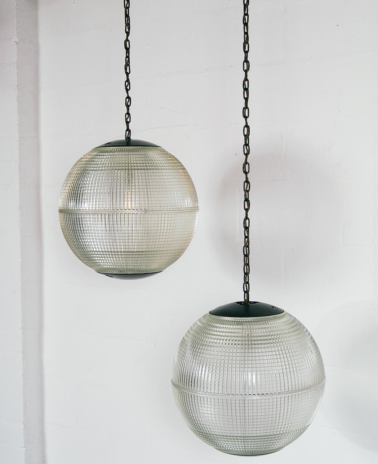 Metal Extra Large Midcentury Parisian Glass Globe Ball Pendant Lights, Holophane, Pair