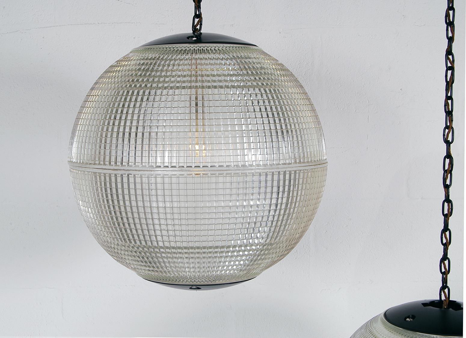 Industrial Extra Large Midcentury Parisian Glass Globe Ball Pendant Lights, Holophane, Pair